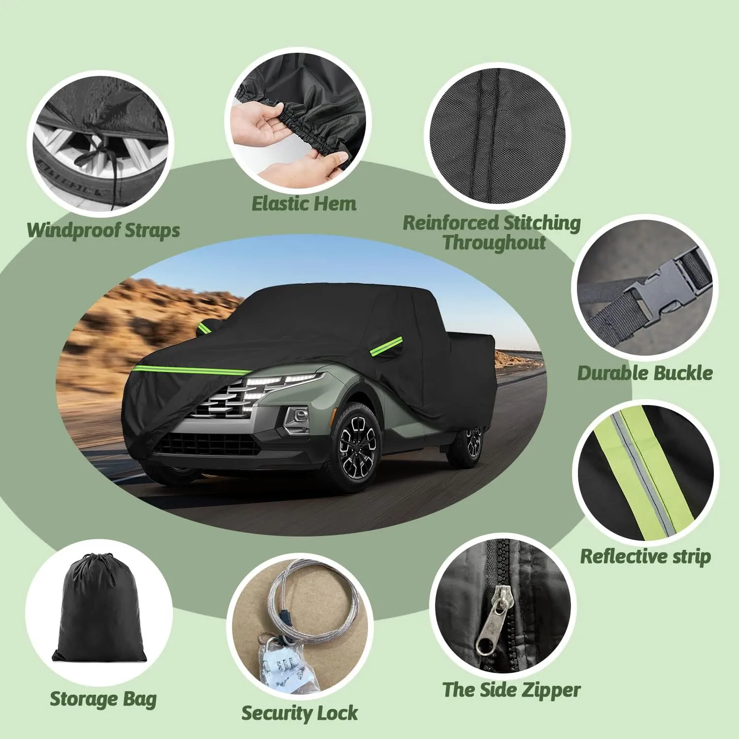 Truck Car Cover for 2021-2025 Hyundai Santa Cruz, 210T Sun Rain UV Dust Snow Protection Outdoor Pickup Covers with Zipper Door & Windproof Bands for Santa Cruz SE/SEL/Night/Premium/Limited-(Black)