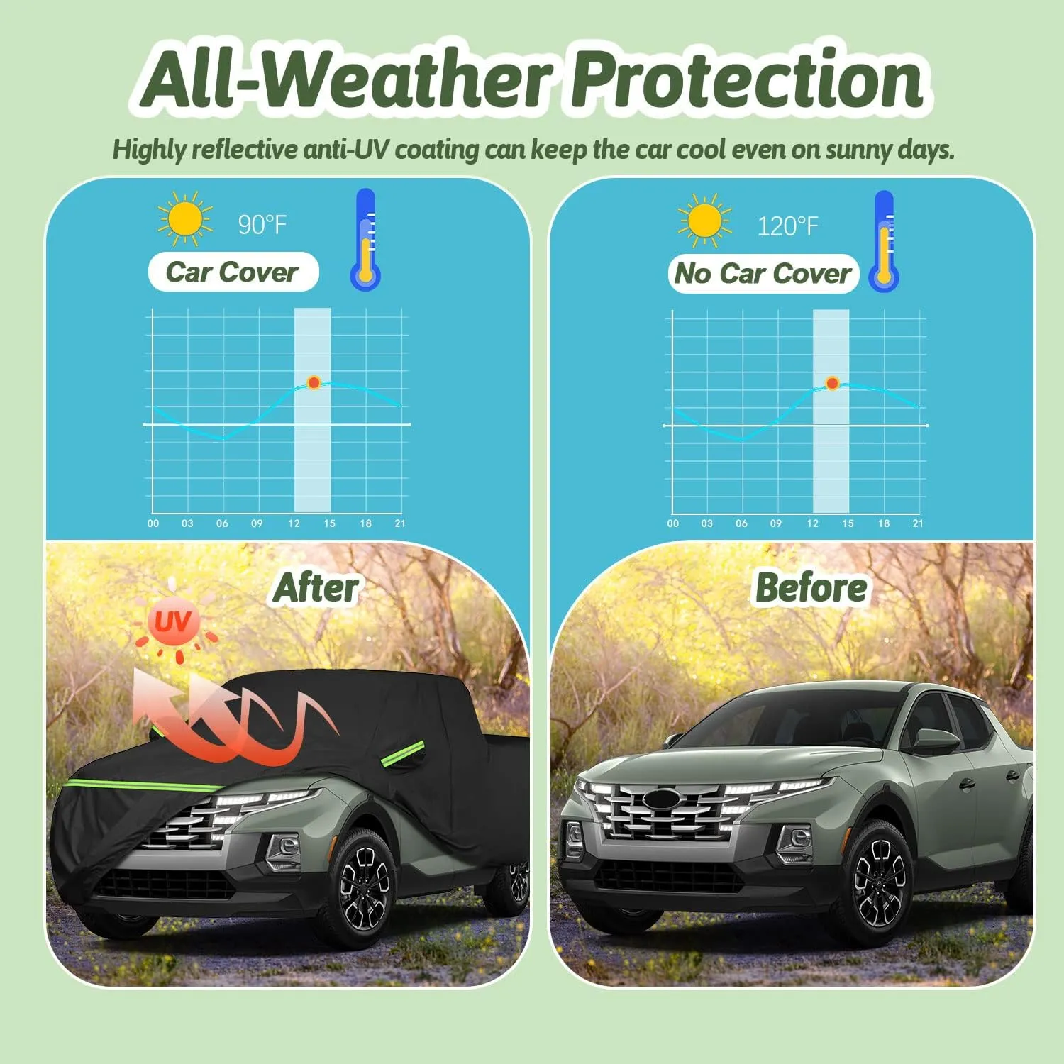Truck Car Cover for 2021-2025 Hyundai Santa Cruz, 210T Sun Rain UV Dust Snow Protection Outdoor Pickup Covers with Zipper Door & Windproof Bands for Santa Cruz SE/SEL/Night/Premium/Limited-(Black)