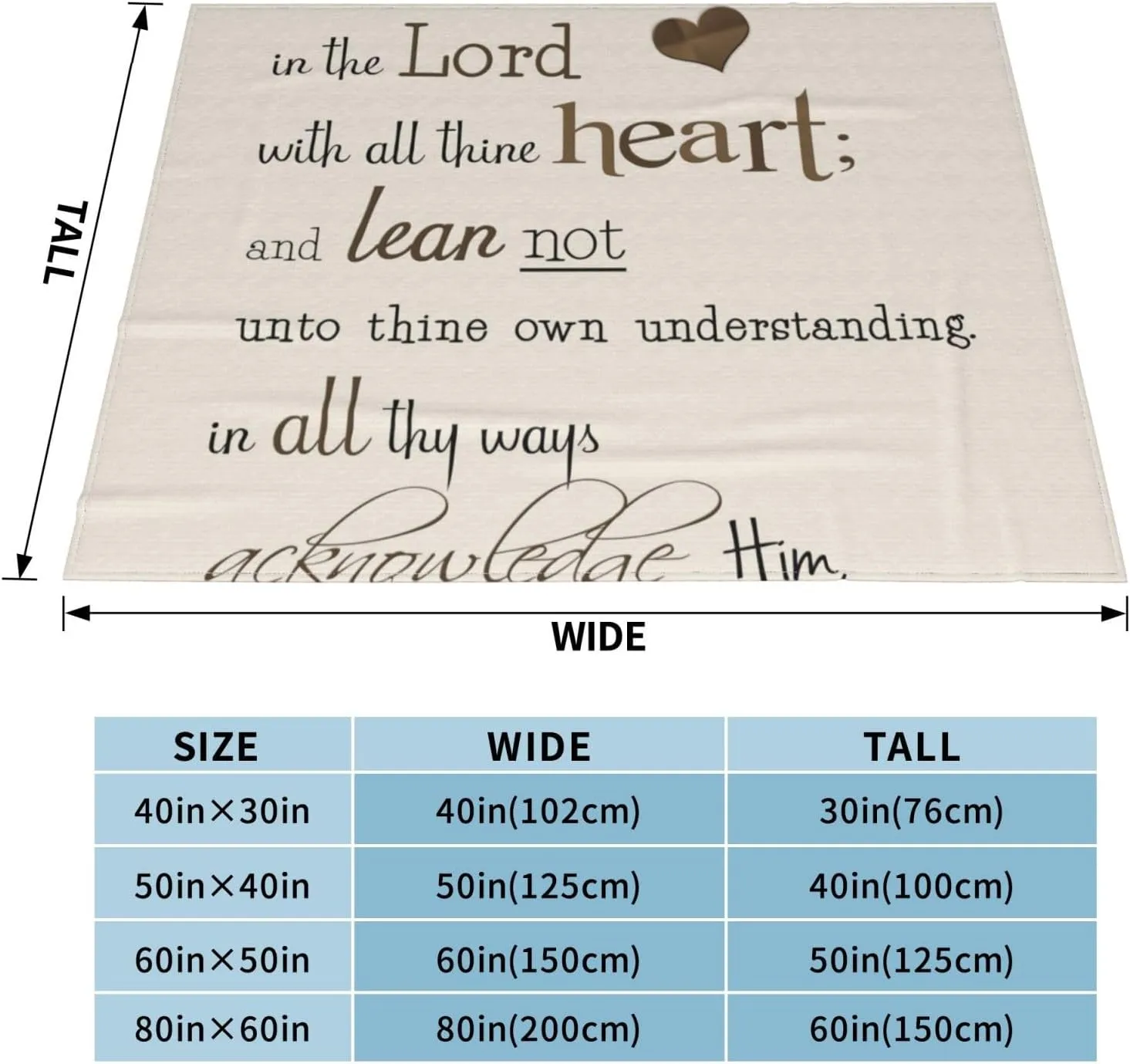 Trust in The Lord with All Thine Heart Inspirational Theme Bible Verse Scripture (2) 60"X50" Flannel Blanket - 100% Soft Polyester, Lightweight and Warm, Suitable for Families, Camping, Travel