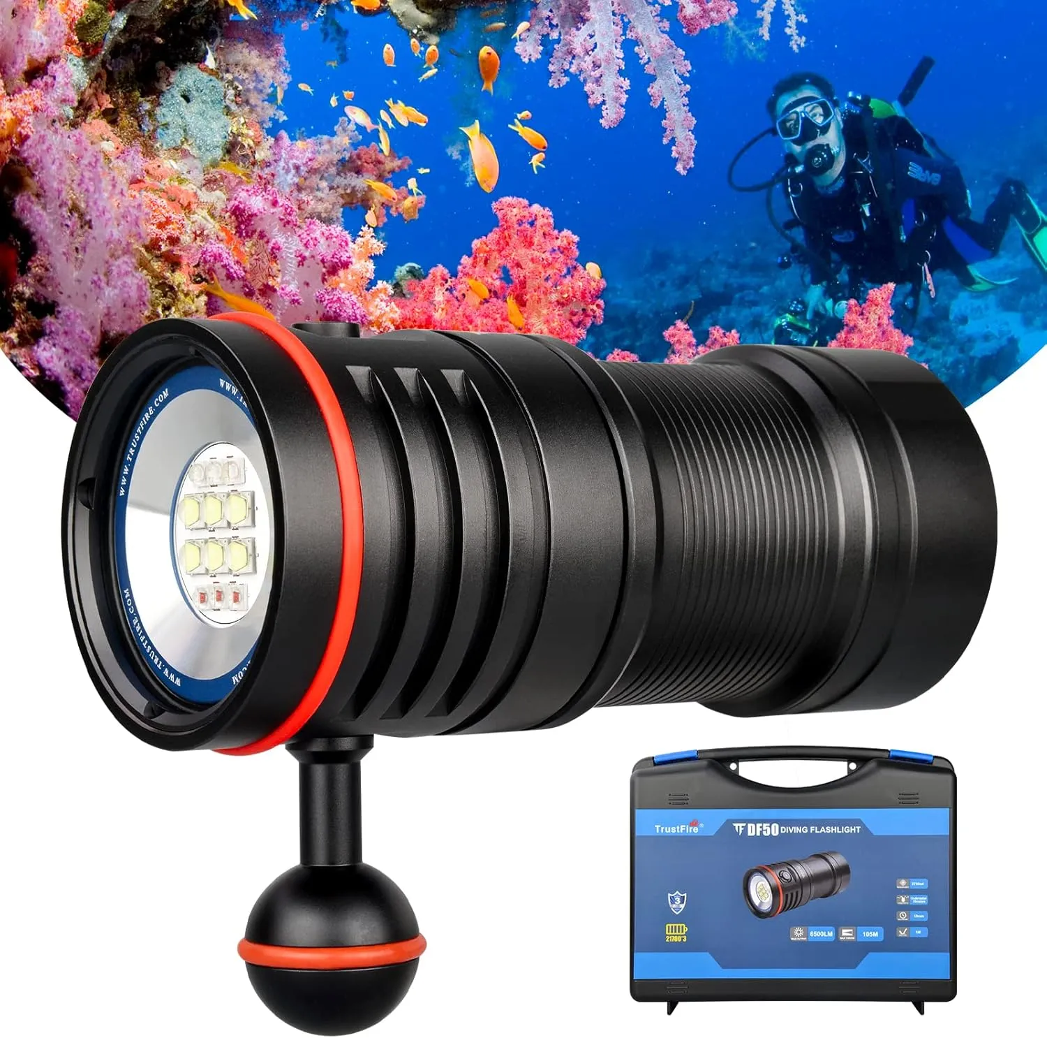 TrustFire DF50 Scuba Diving Light, 6500 Lumens Video Camera Photography Dive LED Flashlight, USB Rechargeable Torch, 70M Underwater, Super Bright, with Violet Red White Lights