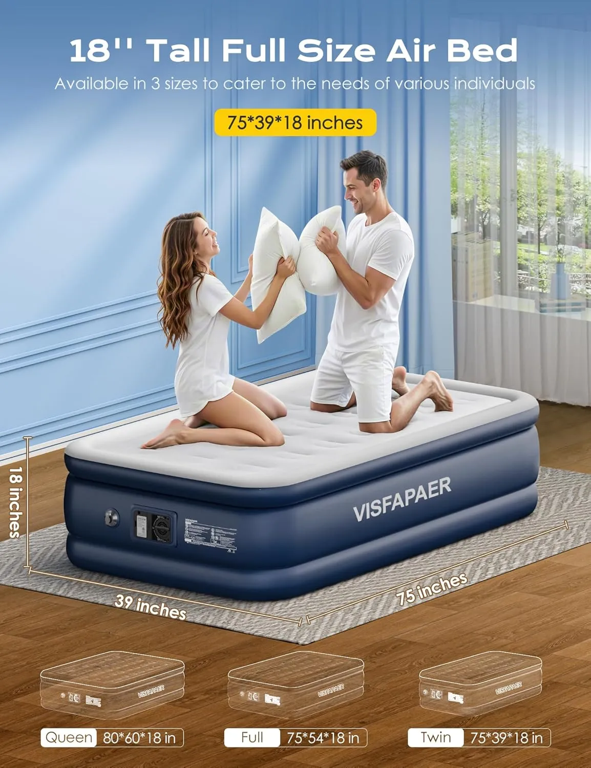 Twin Air Mattress with Built in Pump Raised, 18'' High Inflatable Mattress Electric Blow Up Mattress Fast Blow Up Bed Tall Comfortable Airbed for Camping, Home Guests, Travel w/ Storage Bag 550Lbs Max