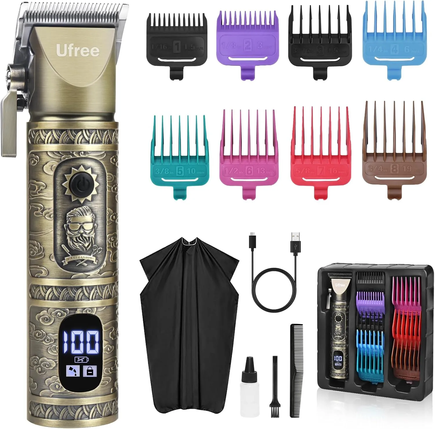 Ufree Professional Hair Clippers for Men, Cordless Barber Clippers for Hair Cutting, Rechargeable Electric Hair Trimmer with 8 Guards, Trimmers for Barbers, Grooming Kit Gifts for Men
