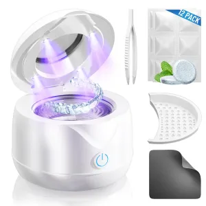 Ultrasonic Retainer Cleaner Machine, 45kHz Retainer Cleaner with UV-C Light and Cleaning Tablets, Capacity 200ML, Portable Dental Cleaning Pod for Dentures Night Mouth Guards Aligner Braces Jewelry