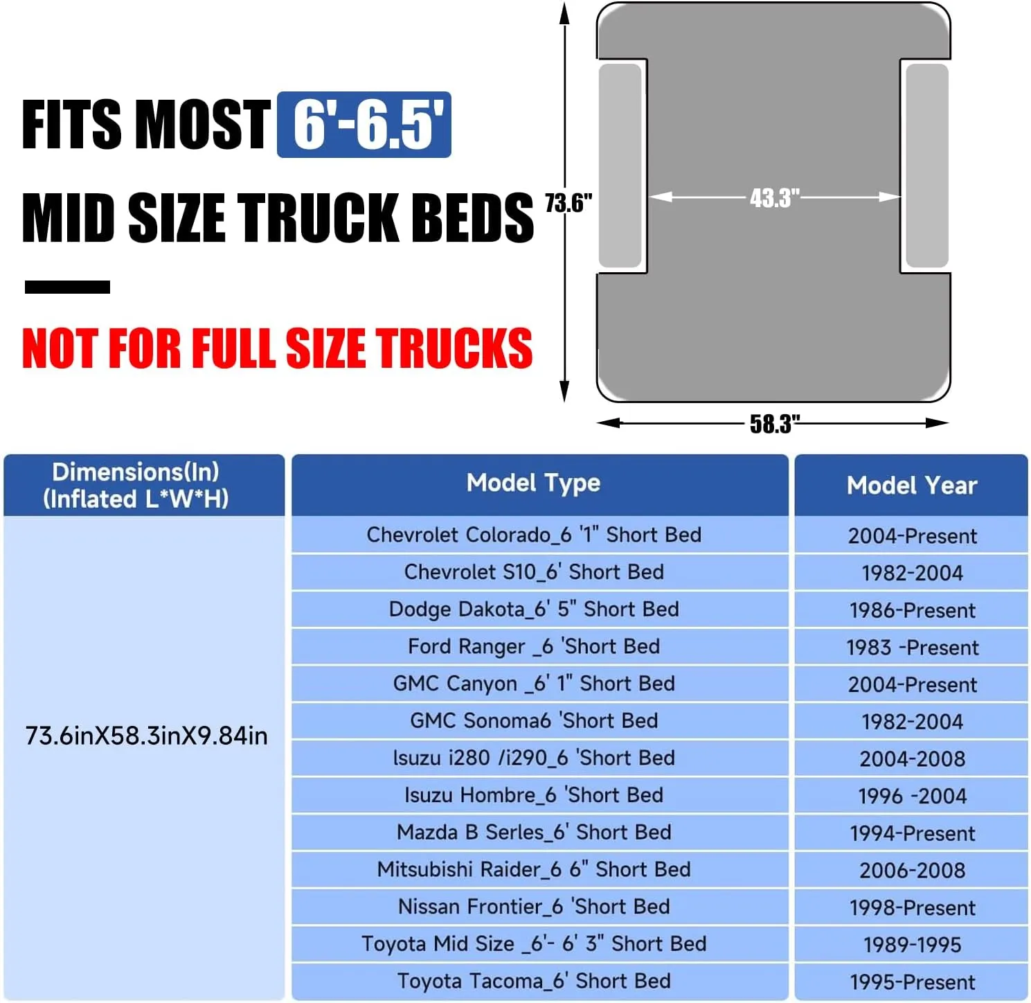 Umbrauto Air Mattress for 6-6.5ft Midsize Short Truck Beds, Inflatable Airbed with Pump for Mid Size Pickup, Pick Up Bed Air Mattress for Truck Tent Camping