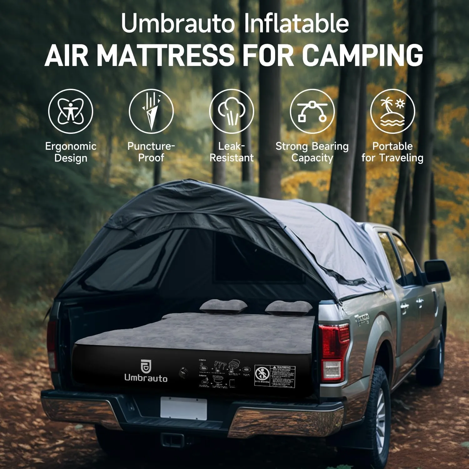 Umbrauto Air Mattress for 6-6.5ft Midsize Short Truck Beds, Inflatable Airbed with Pump for Mid Size Pickup, Pick Up Bed Air Mattress for Truck Tent Camping