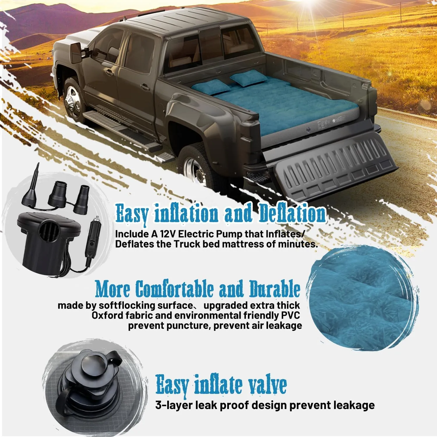 Umbrauto Inflatable Truck Air Mattress for 5.5-5.8ft Full Size Short Bed, Camping Pickup Tent for Outdoor Travel - Slate