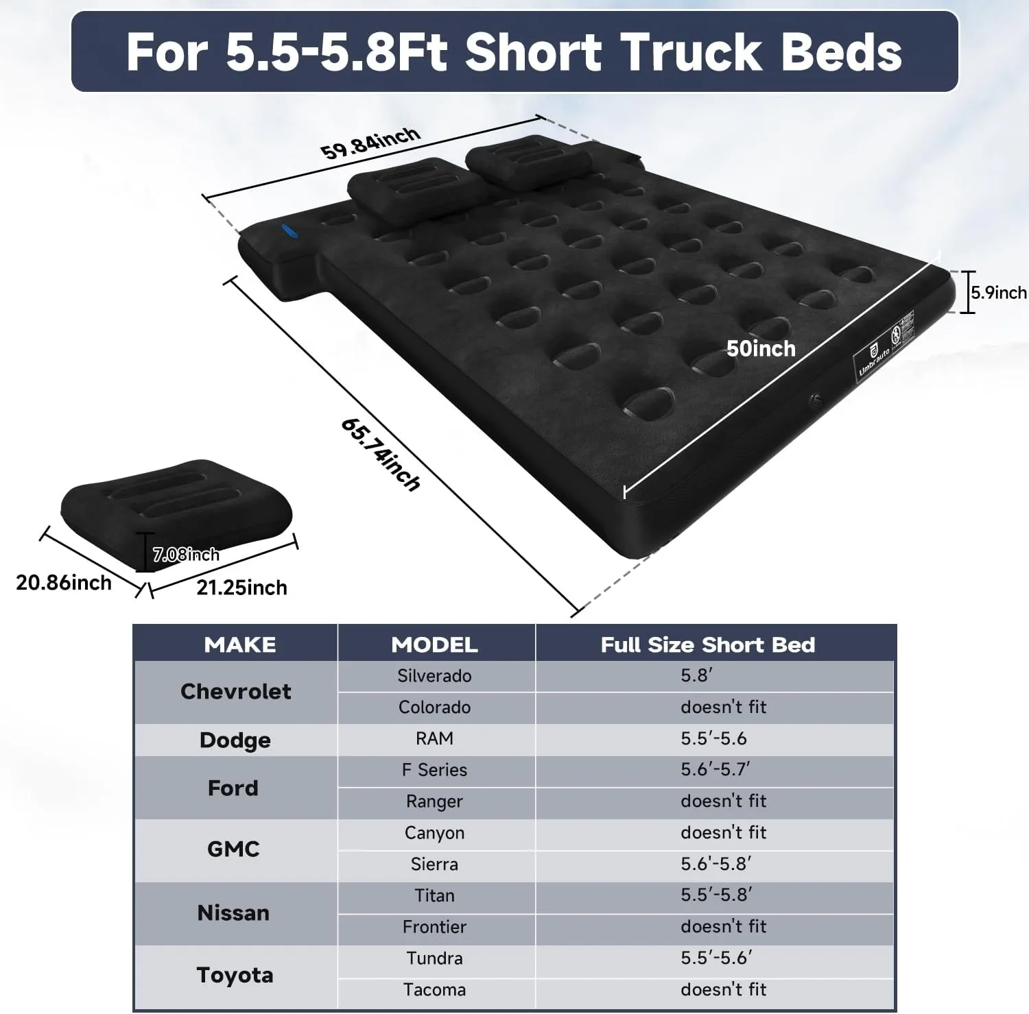 Umbrauto Truck Bed Air Mattress for 5.5-5.8ft Full Size Short Bed, Inflatable Pickup Airbed with Pump for Outdoor Travel
