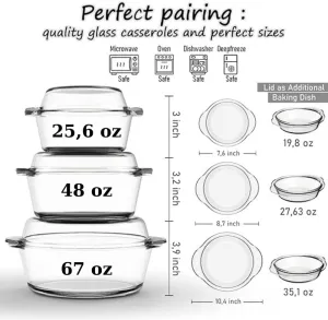 ums Glass Casserole with Lids, Set of 6 Pieces Glass Casseroles Cookware with Glass Lid, Glass Casserole Dish Set, Borosilicate Glass Durable Bakeware Set, Glass Bowls Dish Oven & Microwave Safe