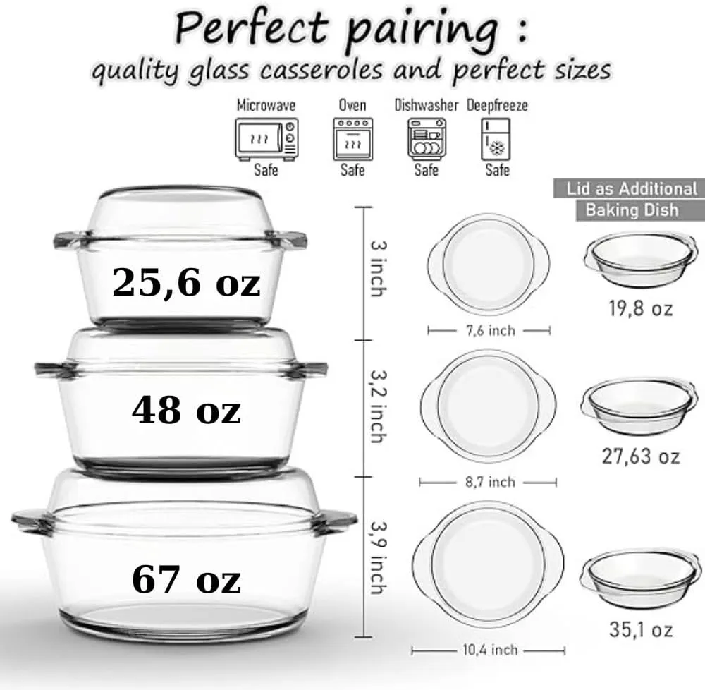 ums Glass Casserole with Lids, Set of 6 Pieces Glass Casseroles Cookware with Glass Lid, Glass Casserole Dish Set, Borosilicate Glass Durable Bakeware Set, Glass Bowls Dish Oven & Microwave Safe