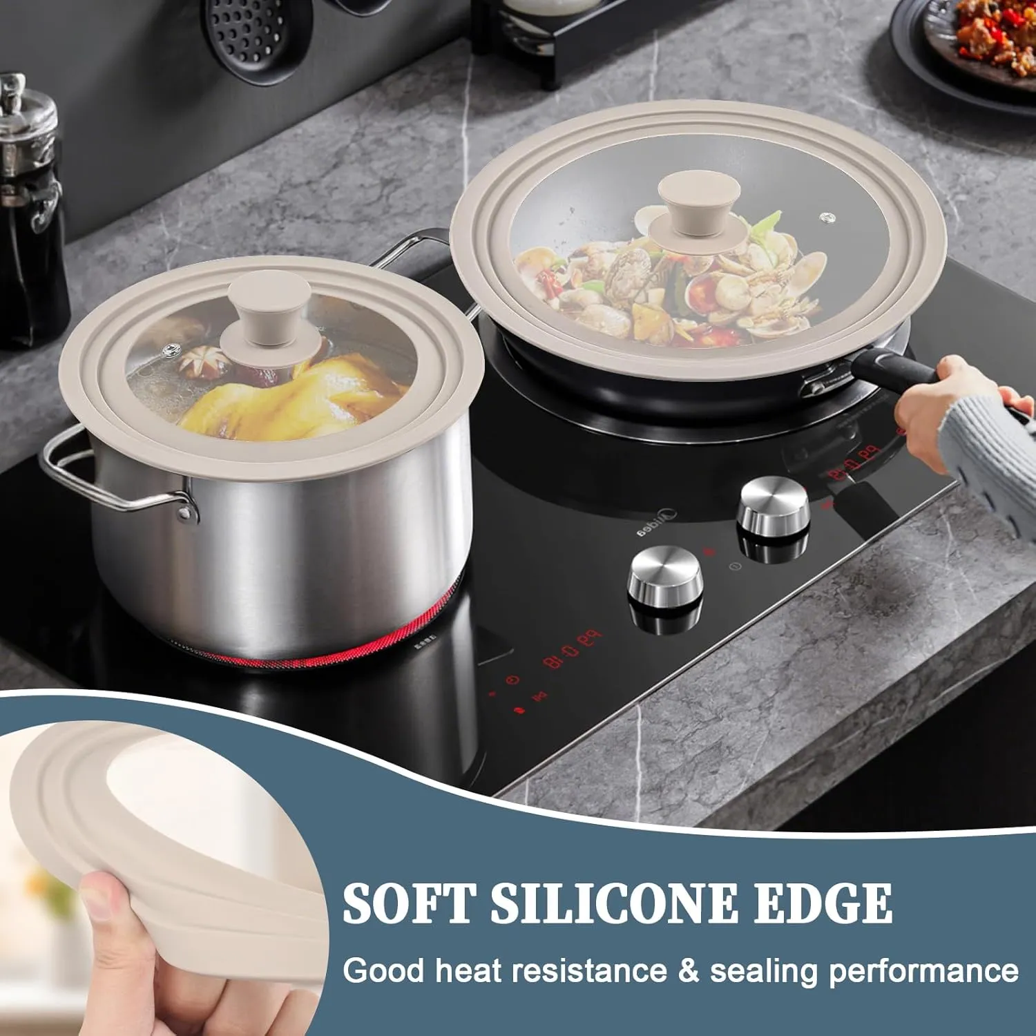 Universal Lids for Pots, Pans and Skillets, Fits 7",8",9",10",11",12" Cookware, Replacement Pan Lid with Tempered Glass and Heat-Resistant Silicone Edge,Durable Frying Pan Cover