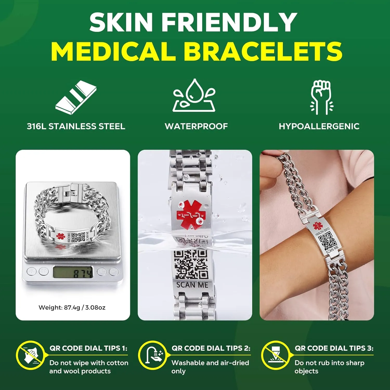 Upgraded Medical Bracelets Men Women with QR Code Medical Alert ID Bracelets - Titanium Steel Wristband Fits Wrists Up 8''-10'' - More Space Custom Emergency Med ID Info