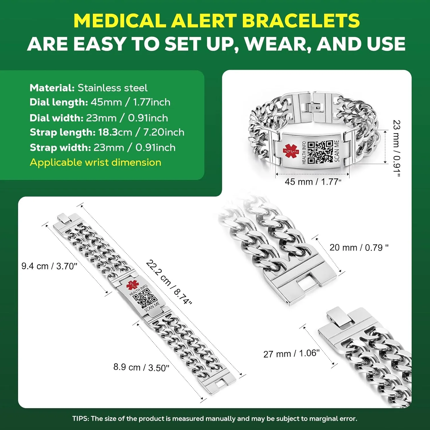 Upgraded Medical Bracelets Men Women with QR Code Medical Alert ID Bracelets - Titanium Steel Wristband Fits Wrists Up 8''-10'' - More Space Custom Emergency Med ID Info