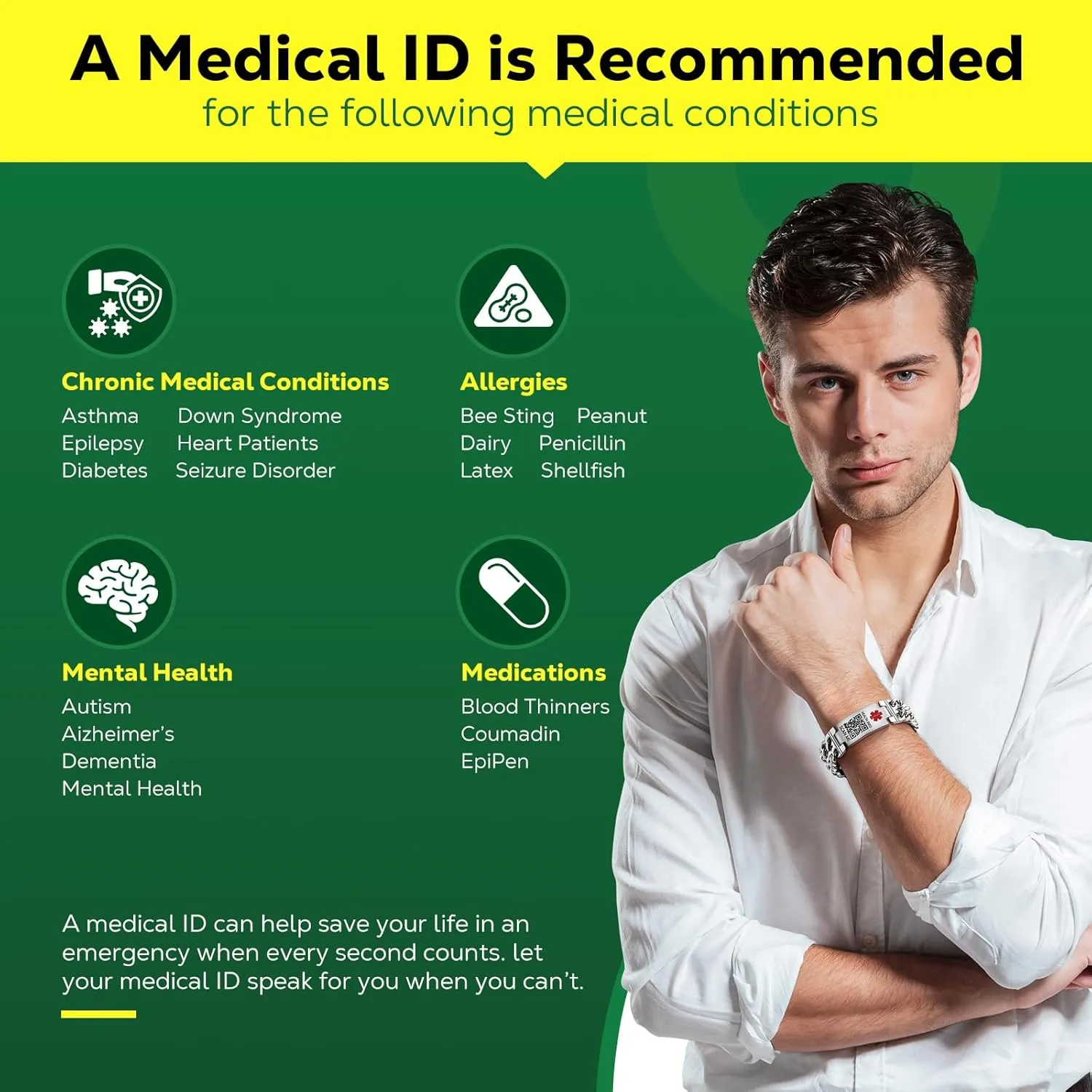 Upgraded Medical Bracelets Men Women with QR Code Medical Alert ID Bracelets - Titanium Steel Wristband Fits Wrists Up 8''-10'' - More Space Custom Emergency Med ID Info