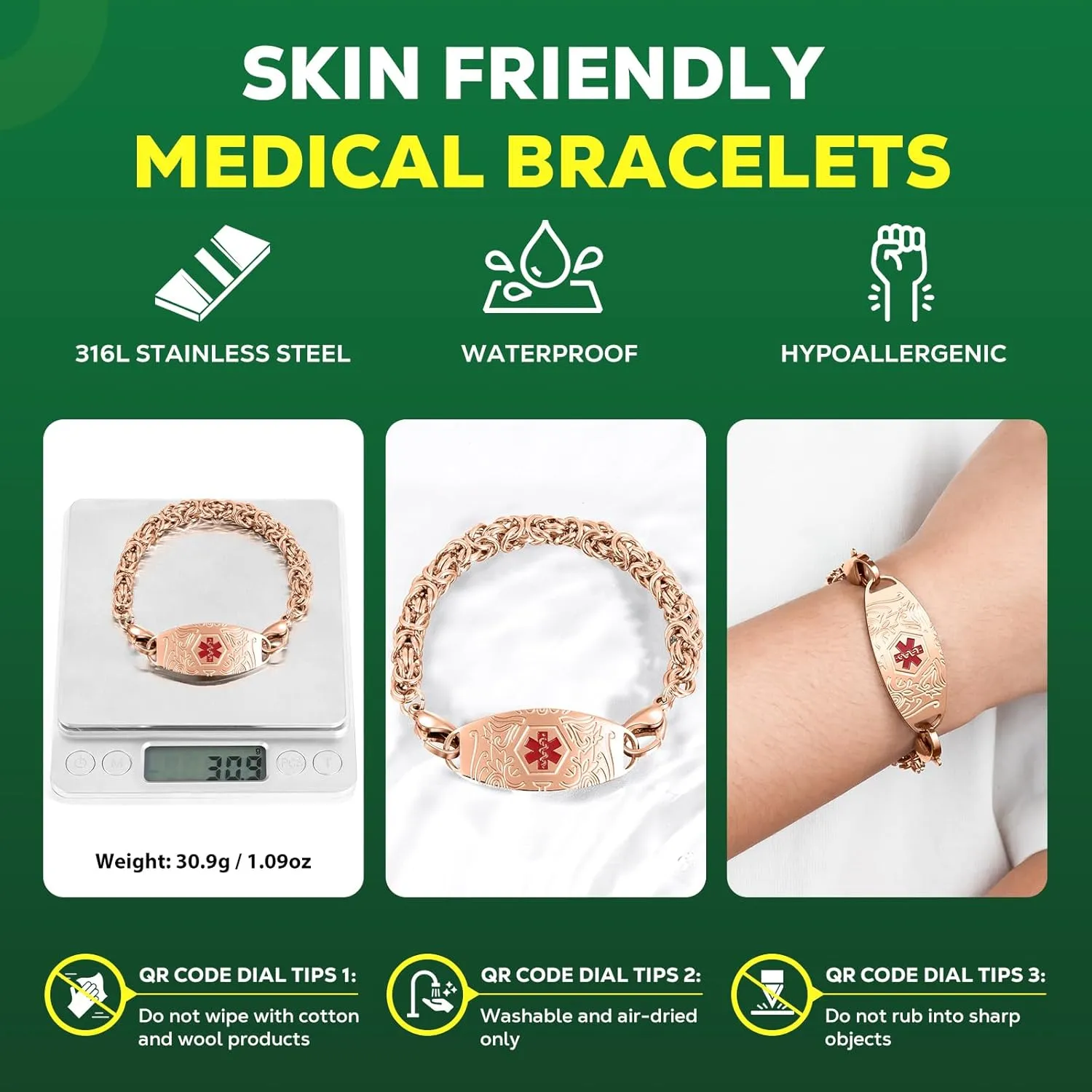 Upgraded Medical Bracelets Men Women with QR Code Medical Alert ID Bracelets - Titanium Steel Wristband Fits Wrists Up 8''-10'' - More Space Custom Emergency Med ID Info