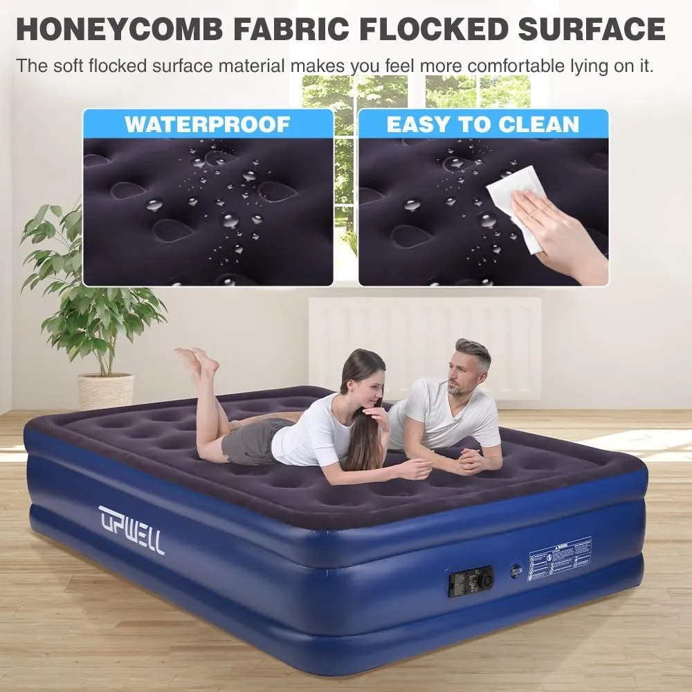 UPWELL Inflatable Air Mattress Queen with Built in Pump Comfort Blow up Bed Waterproof Fast&Easy Set up Dura Beam Strong Support Mattress for Home Guests & Camping Navy Blue