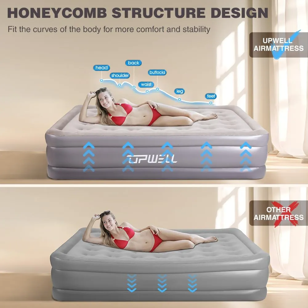 UPWELL Inflatable Air Mattress Queen with Built in Pump Comfort Blow up Bed Waterproof Fast&Easy Set up Dura Beam Strong Support Mattress for Home Guests & Camping Navy Blue
