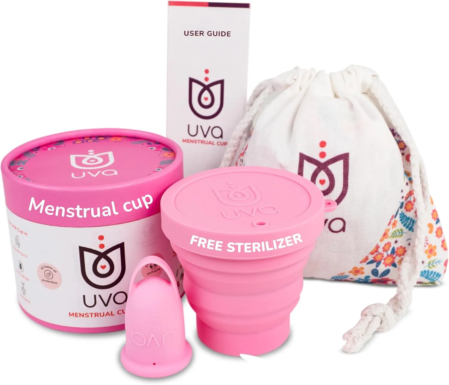 UVA 2 Reusable Menstrual Cup Kit - Size 0 for Light Flow - 10-Year Durable & Leak-Proof Silicone - Small Menstrual Cup, Sterilizer & Traveling Bag Period Cup Set