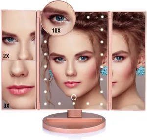 Vanity Mirror Bathroom Vanity MirrorTri-Fold Illuminated Vanity Mirror with LED Lights Makeup Mirror with 2X/3X/10X Magnifying Light Up Cosmetic Table Mirror Touch Screen Dimming 180° Rotation (Ro