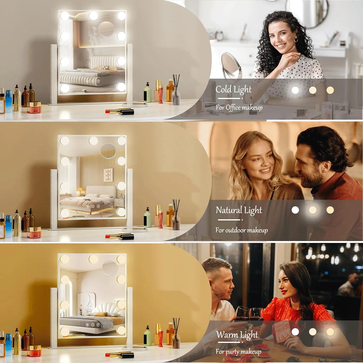 Vanity Mirror with Lights, 12" W x 14.7" L Makeup Hollywood Mirror with Lights 9 LED Bulbs for Makeup Desk, 3 Color Lighting Modes, 360°Rotation and 5X Magnification, White