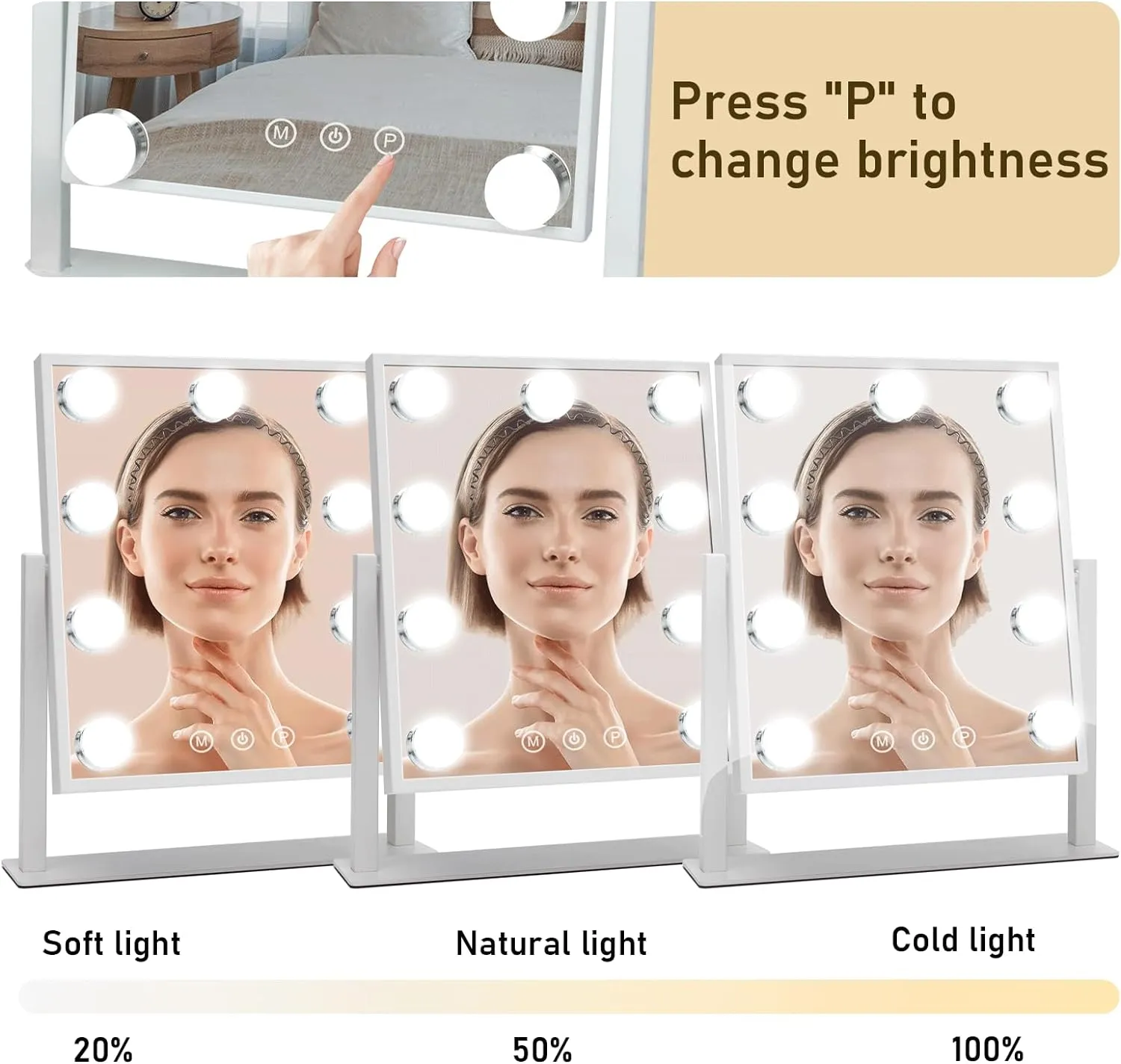Vanity Mirror with Lights, 12" W x 14.7" L Makeup Hollywood Mirror with Lights 9 LED Bulbs for Makeup Desk, 3 Color Lighting Modes, 360°Rotation and 5X Magnification, White