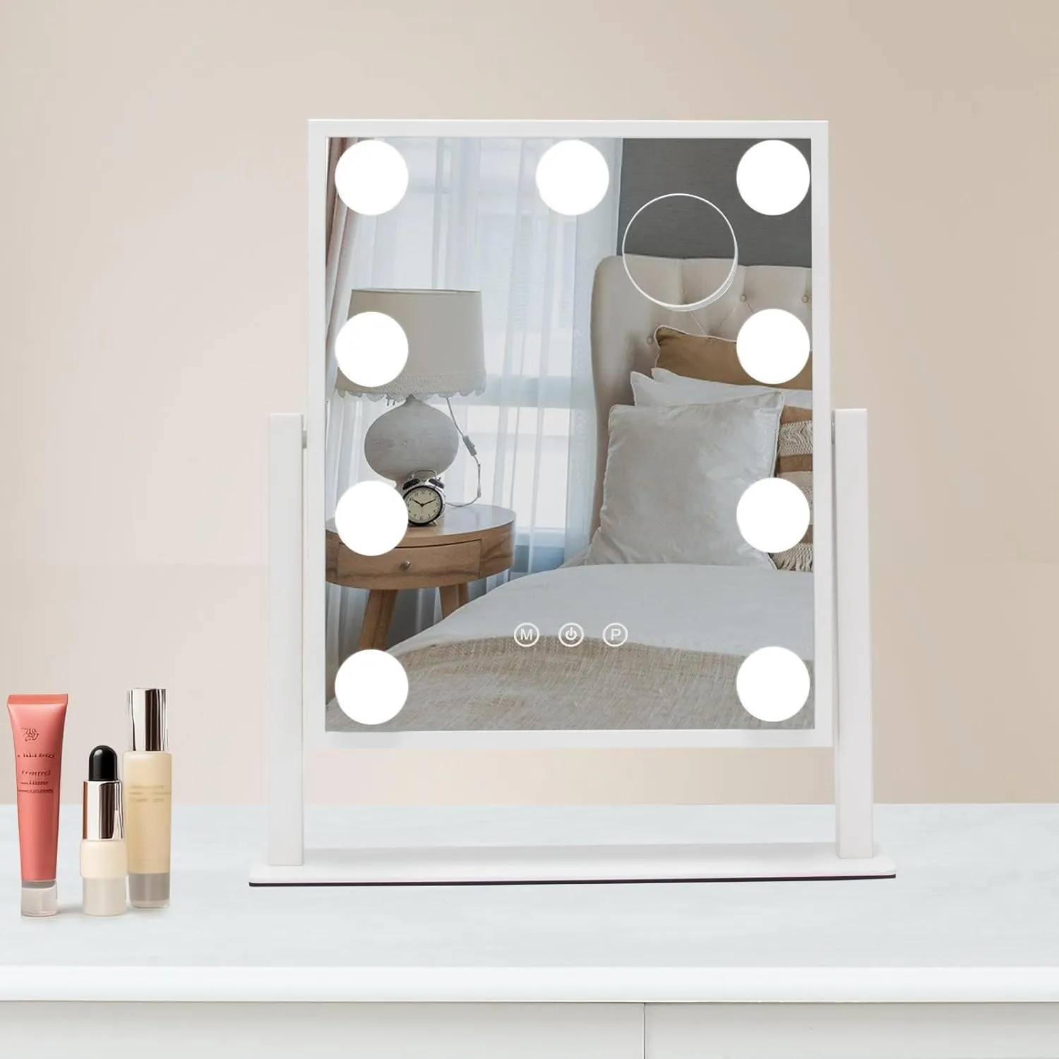 Vanity Mirror with Lights, 12" W x 14.7" L Makeup Hollywood Mirror with Lights 9 LED Bulbs for Makeup Desk, 3 Color Lighting Modes, 360°Rotation and 5X Magnification, White