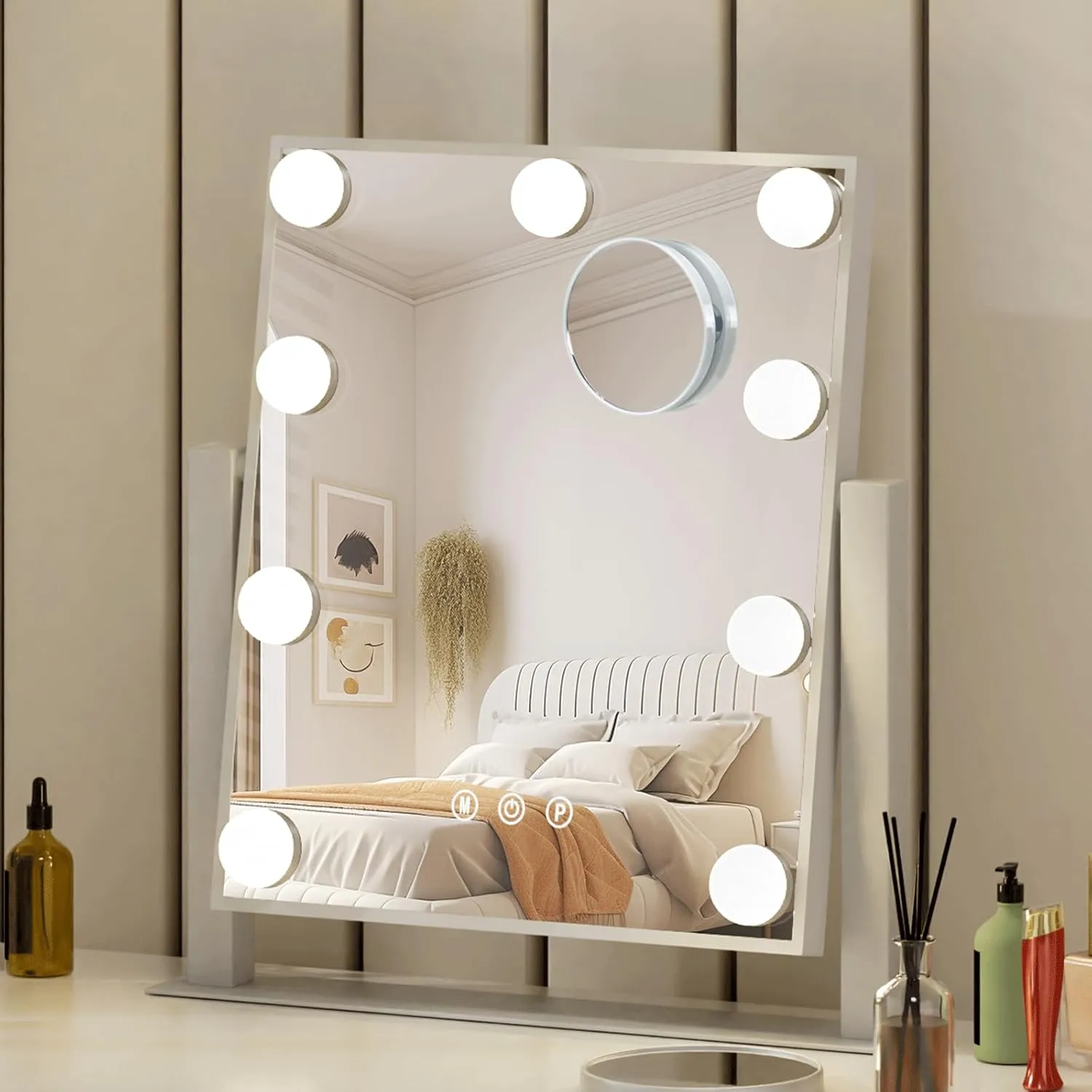 Vanity Mirror with Lights, 12" W x 14.7" L Makeup Hollywood Mirror with Lights 9 LED Bulbs for Makeup Desk, 3 Color Lighting Modes, 360°Rotation and 5X Magnification, White