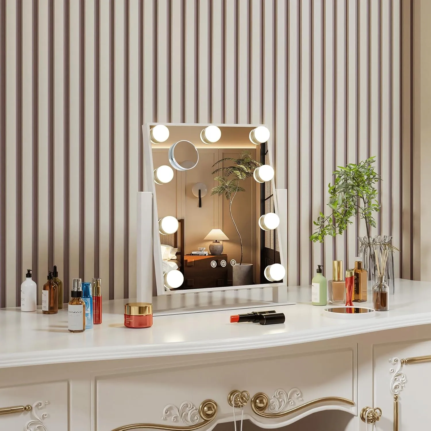 Vanity Mirror with Lights, 12" W x 14.7" L Makeup Hollywood Mirror with Lights 9 LED Bulbs for Makeup Desk, 3 Color Lighting Modes, 360°Rotation and 5X Magnification, White