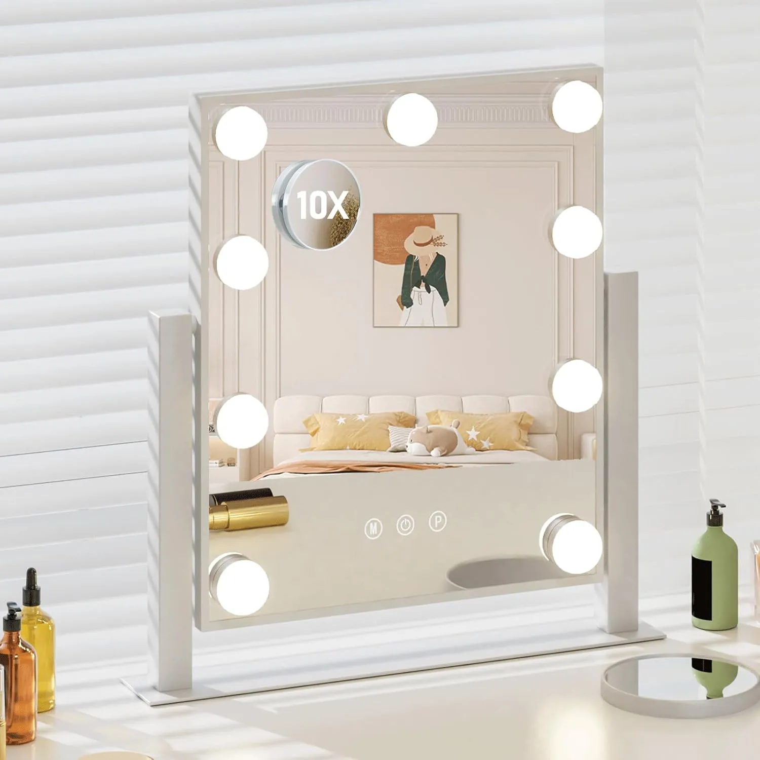 Vanity Mirror with Lights, 12" W x 14.7" L Makeup Hollywood Mirror with Lights 9 LED Bulbs for Makeup Desk, 3 Color Lighting Modes, 360°Rotation and 5X Magnification, White