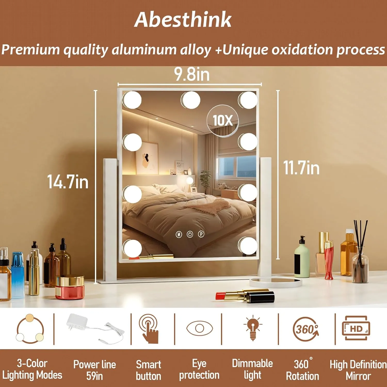 Vanity Mirror with Lights, 12" W x 14.7" L Makeup Hollywood Mirror with Lights 9 LED Bulbs for Makeup Desk, 3 Color Lighting Modes, 360°Rotation and 5X Magnification, White