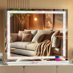 Vanity Mirror with Lights and Crystal Diamond 32"x23" Large Makeup Mirror with LED Lights Strip Lighted Diamond Makeup Mirror 3 Color Lighting Modes for Desk 10x Magnification