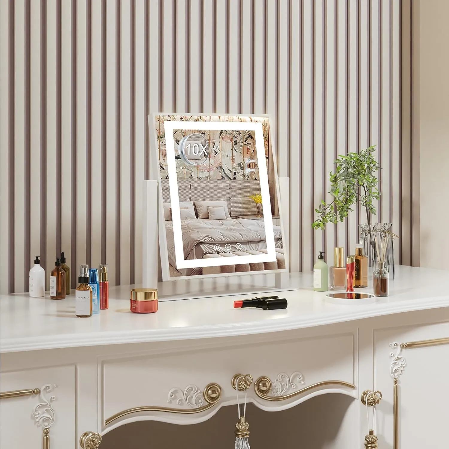 Vanity Mirror with Lights, Makeup Mirror with Lights LED Bulbs for Makeup Desk, 14.2 inch Large LED Lighted Mirror for Women and Girls, 10X Magnification 360° Rotation