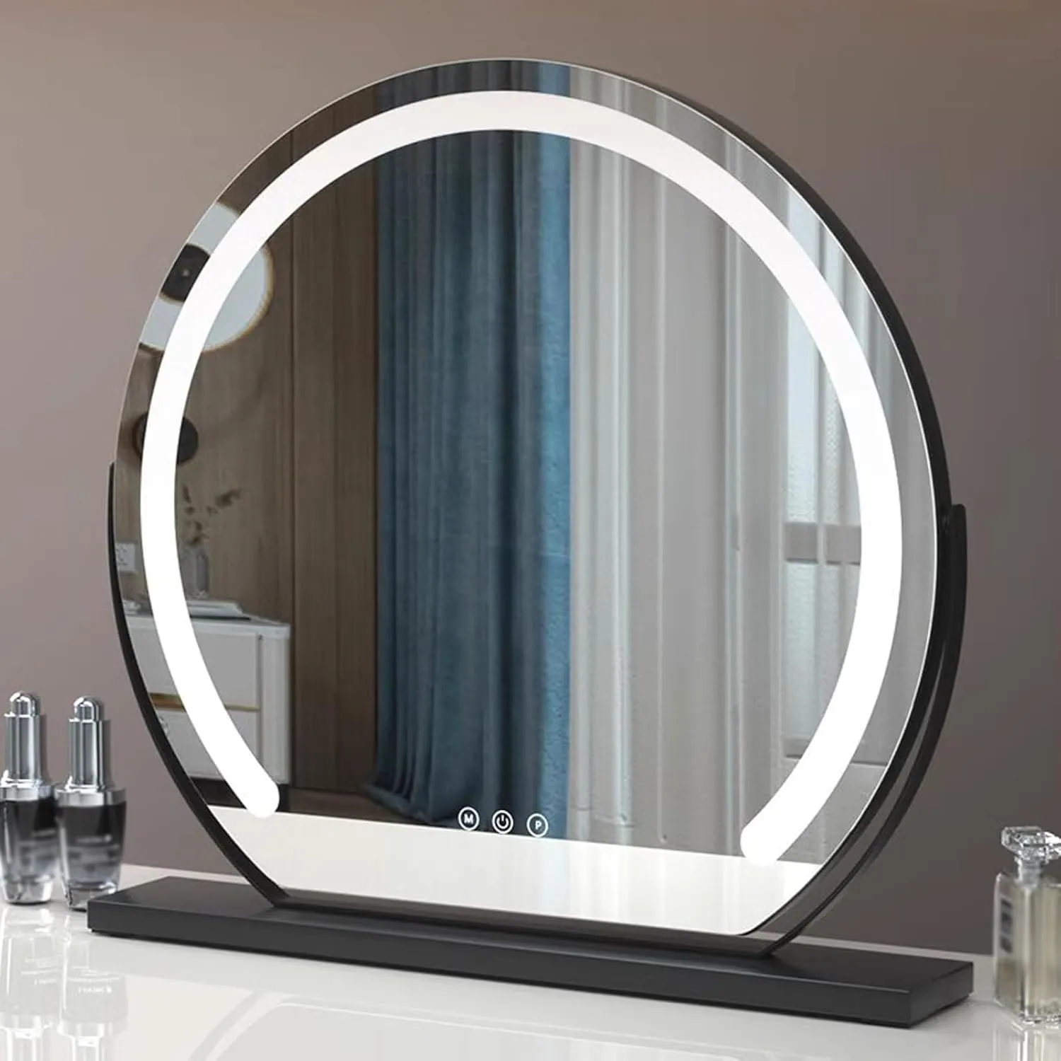 Vanity Mirror with Lights, Round Vanity Mirror with Lights， Lighted Makeup Mirror with Lights, Smart Touch Control Dimmable 3 Modes Light 360°Rotation，Black, Gold, White(Black,60cm)