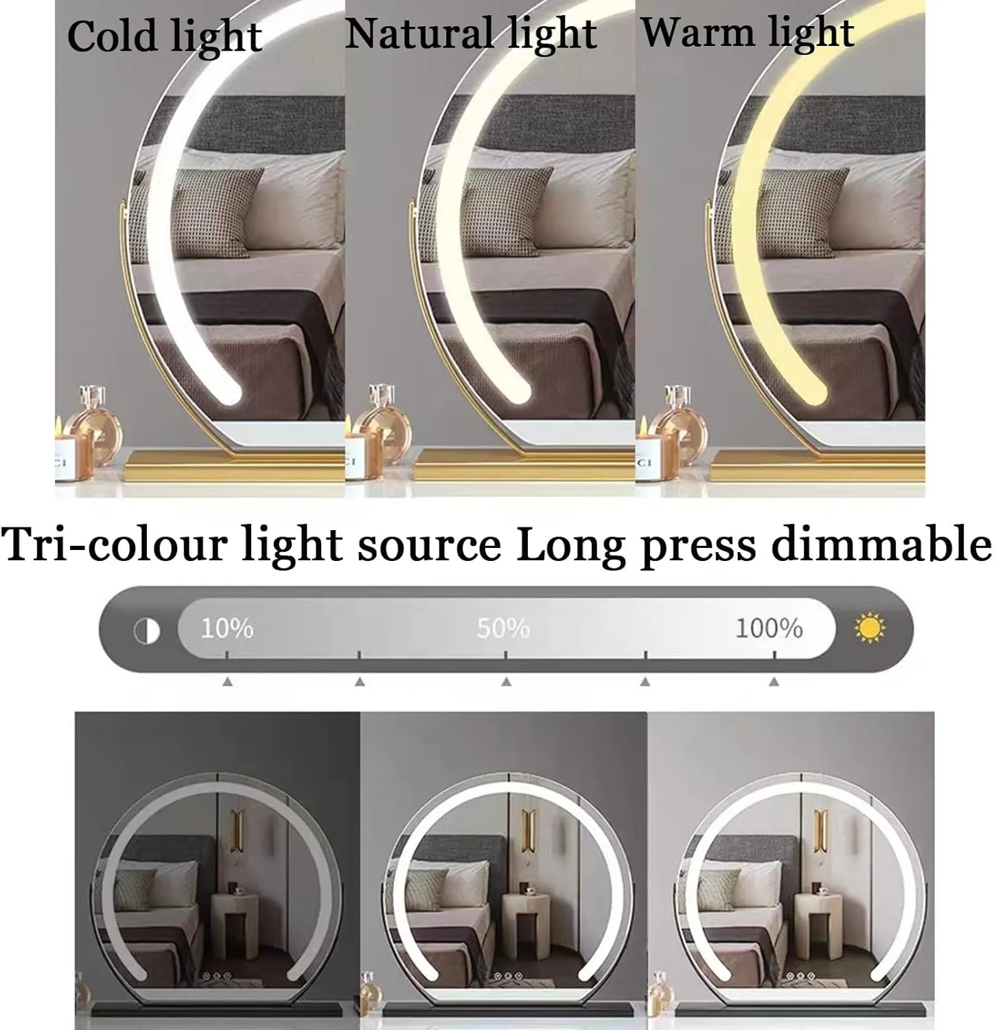 Vanity Mirror with Lights, Round Vanity Mirror with Lights， Lighted Makeup Mirror with Lights, Smart Touch Control Dimmable 3 Modes Light 360°Rotation，Black, Gold, White(Gold,30cm)