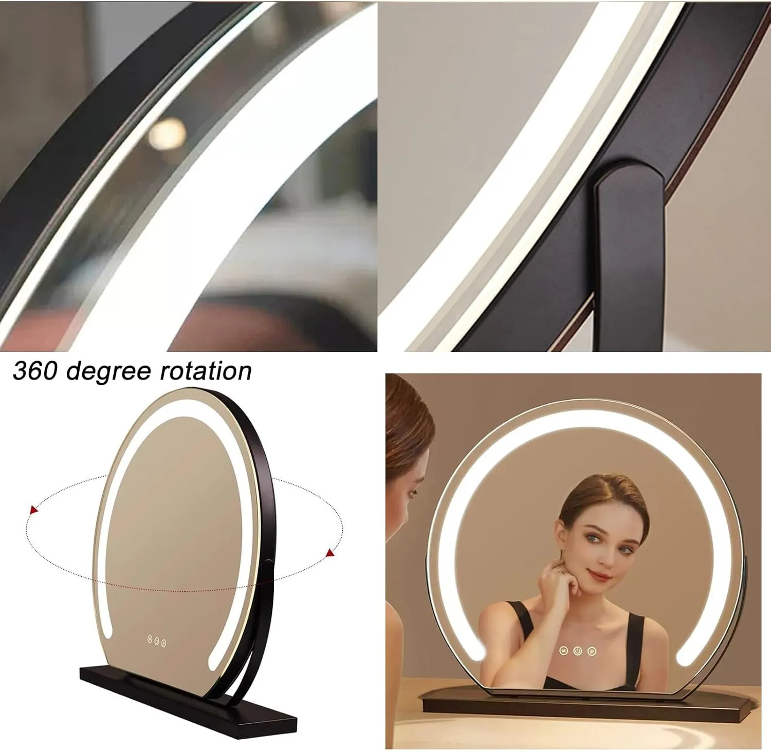 Vanity Mirror with Lights, Round Vanity Mirror with Lights， Lighted Makeup Mirror with Lights, Smart Touch Control Dimmable 3 Modes Light 360°Rotation，Black, Gold, White(Gold,30cm)