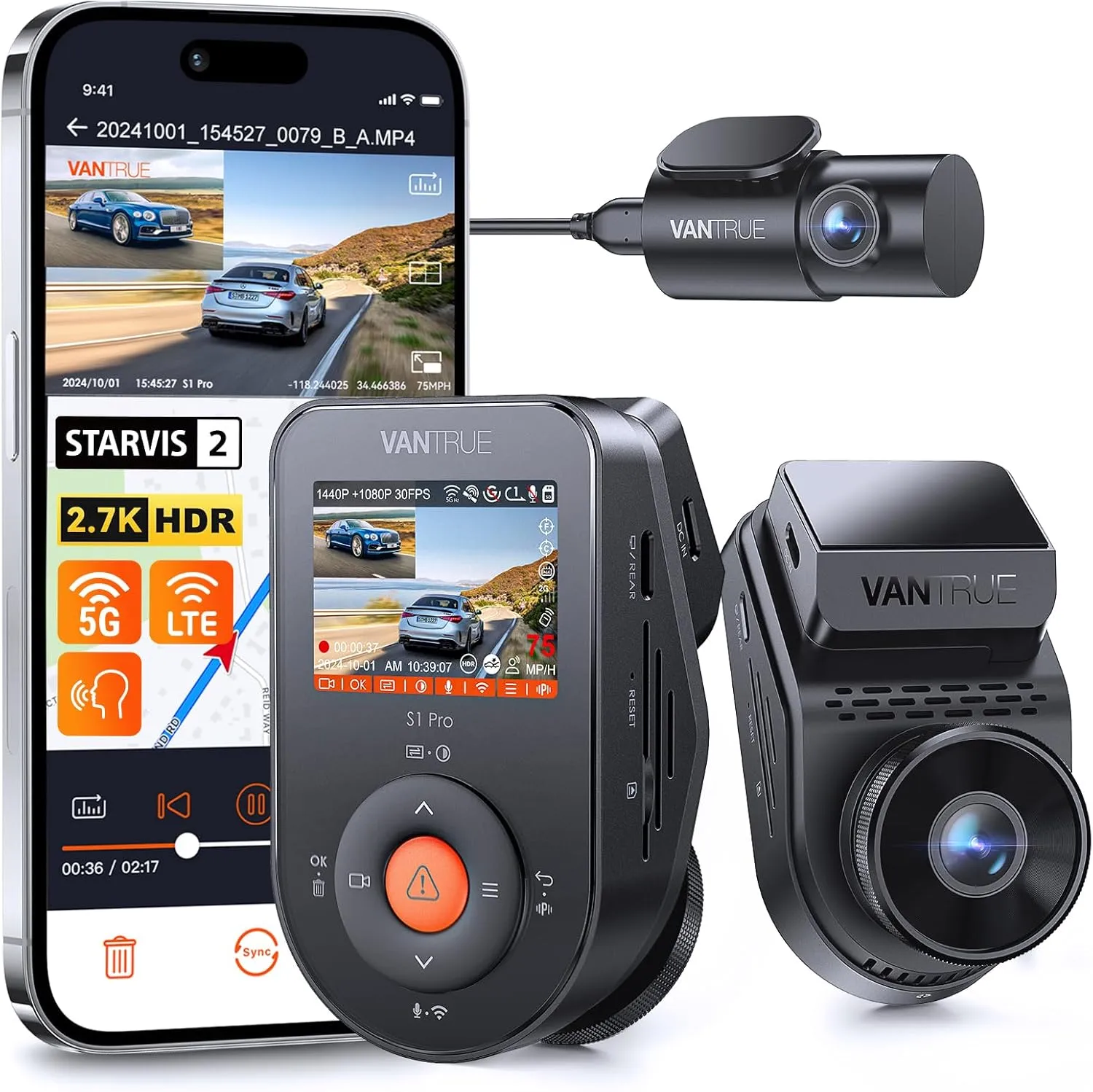 Vantrue S1 Pro Dual Dash Cam Front and Rear, 1440P/60FPS Dash Camera w/ 2.7K, STARVIS 2, HDR Night Vision, 5G WiFi, Optional Remote Live View, GPS, Voice Control, 24/7 Parking Mode, Support 512GB Max