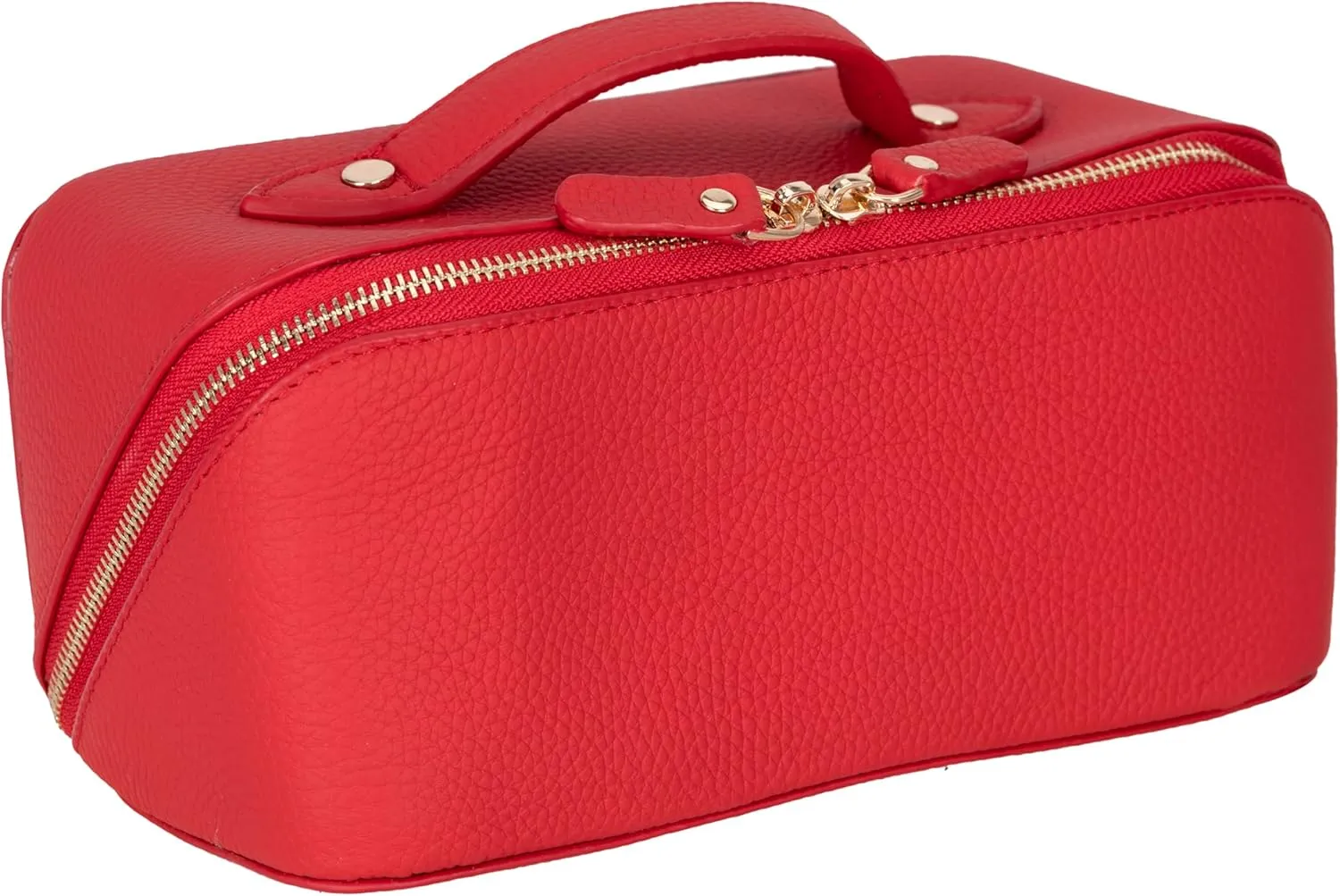 VENOULT Genuine Leather Makeup Bag, Spacious Cosmetic Case, Travel Toiletry Organizer with Handle (Carmine)