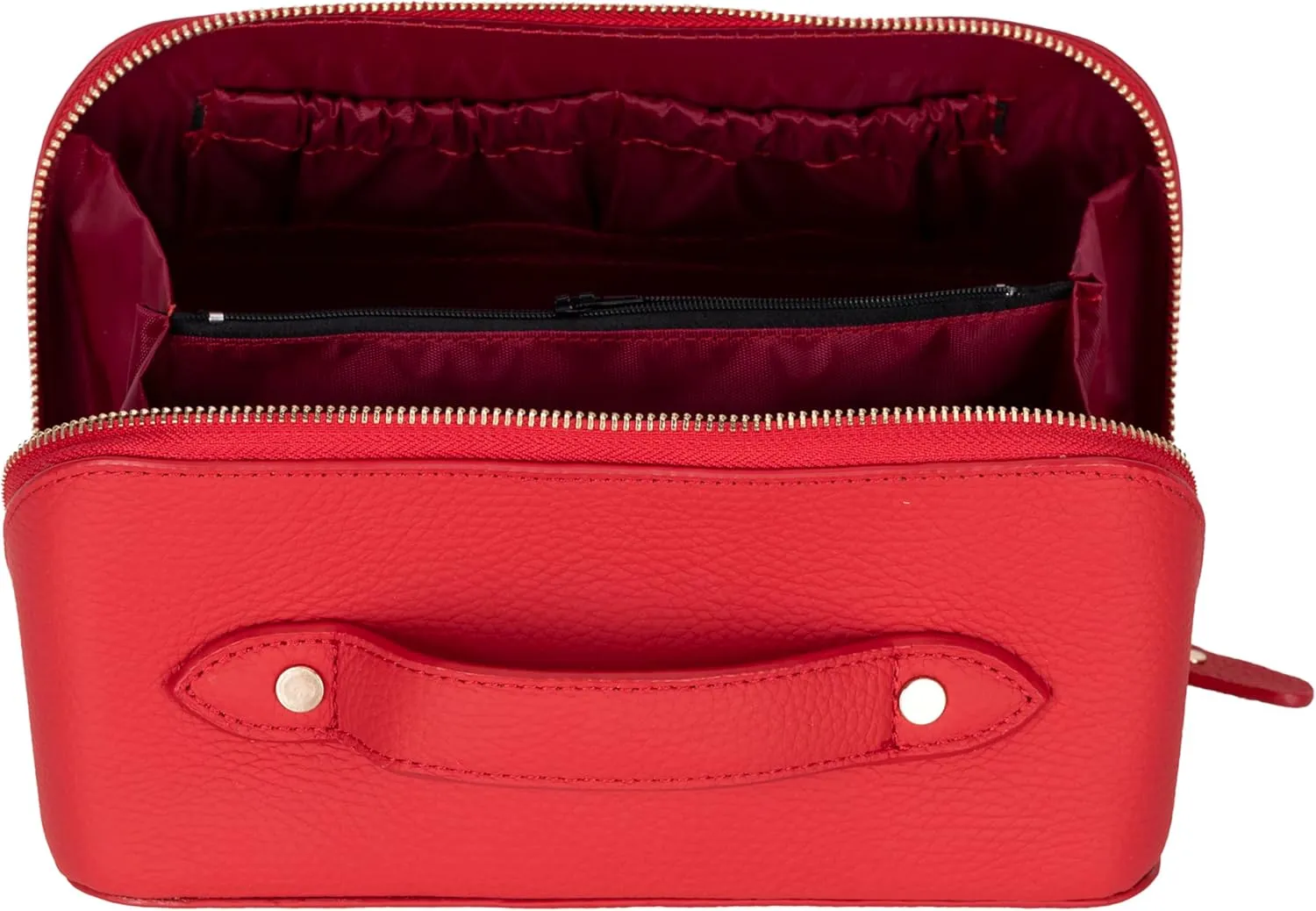 VENOULT Genuine Leather Makeup Bag, Spacious Cosmetic Case, Travel Toiletry Organizer with Handle (Carmine)