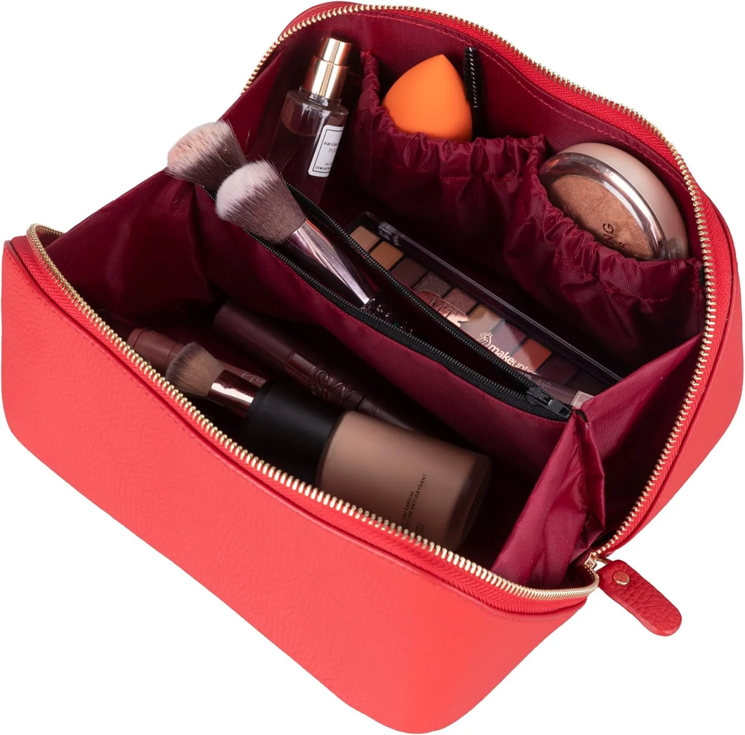 VENOULT Genuine Leather Makeup Bag, Spacious Cosmetic Case, Travel Toiletry Organizer with Handle (Carmine)