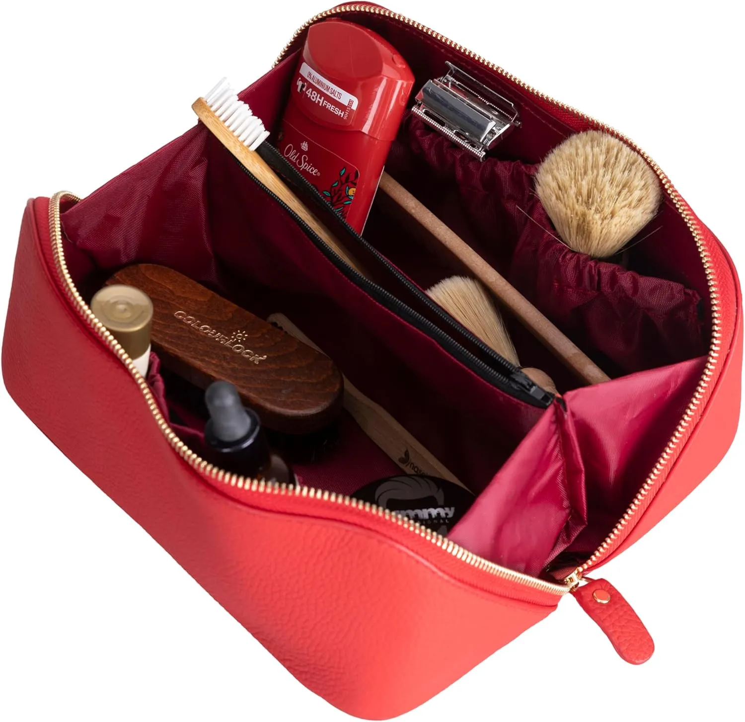 VENOULT Genuine Leather Makeup Bag, Spacious Cosmetic Case, Travel Toiletry Organizer with Handle (Carmine)