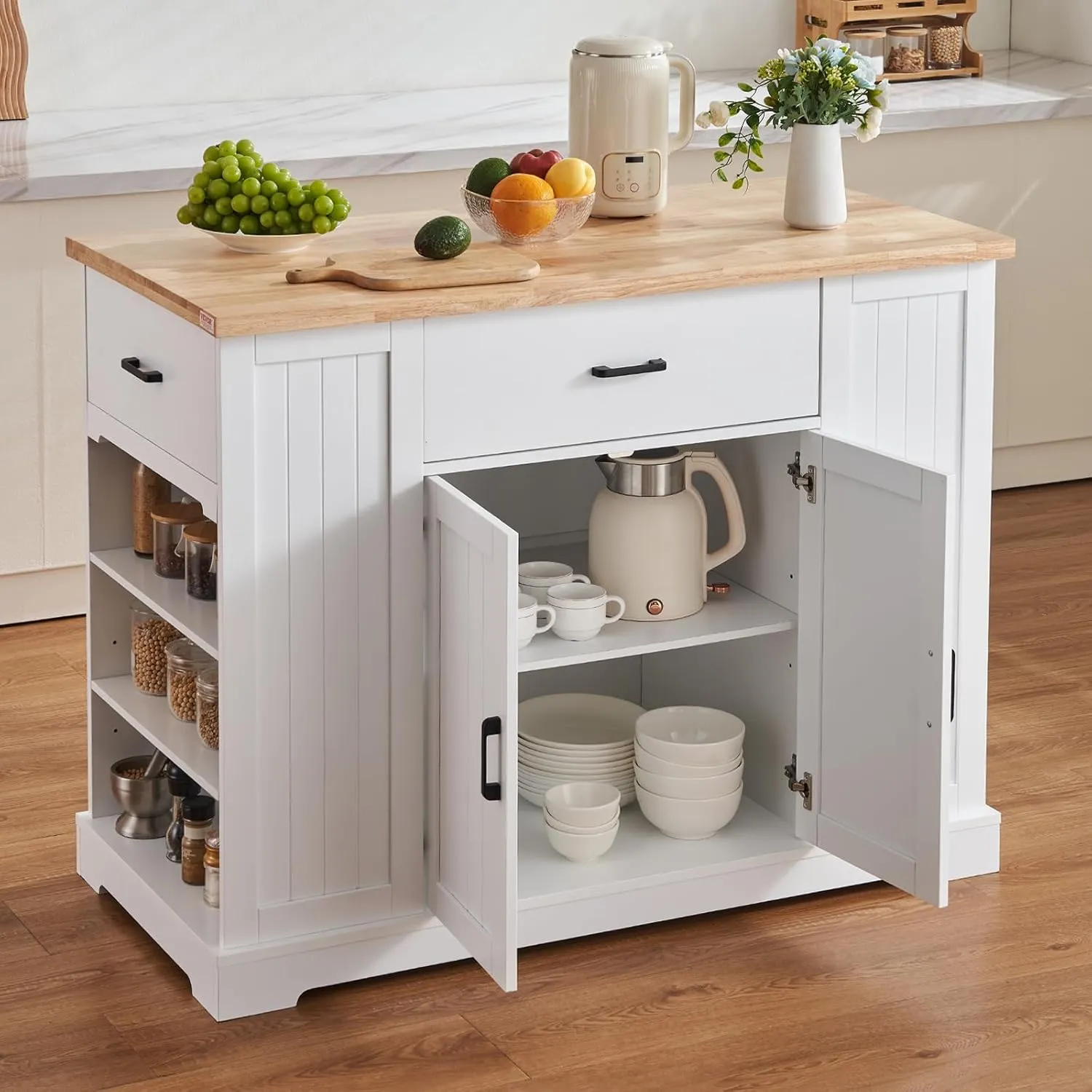 VEVOR Kitchen Island Cart, 46" Wood Top Breakfast Bar with Storage Cabinet, Farmhouse Kitchen Table with Adjustable Shelf, Drawer, for Dining Kitchen Living Room, White