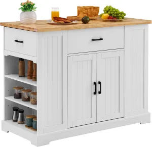 VEVOR Kitchen Island Cart, 46" Wood Top Breakfast Bar with Storage Cabinet, Farmhouse Kitchen Table with Adjustable Shelf, Drawer, for Dining Kitchen Living Room, White