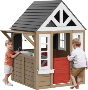 VEVOR Outdoor Wooden Playhouse, Modern Cedar Playhouse for Age 3-10 Years Kids, Garden Games Cottage, Country Style Cedar Playhouse with Working Door, Window, Flower Pot Holder, Grill, Stove, and Sink