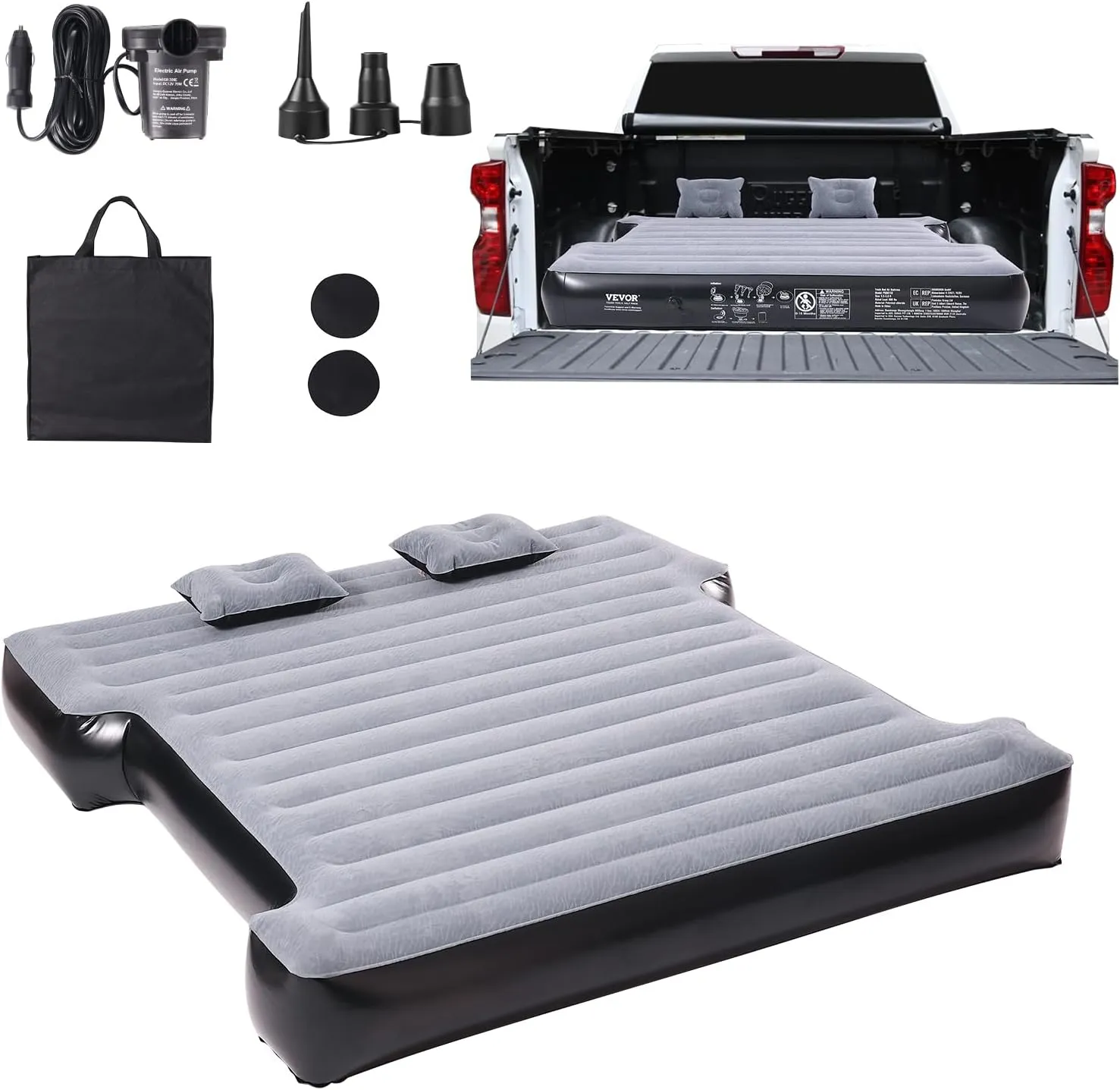 VEVOR Truck Bed Air Mattress, for 5.5-5.8 ft Full Size Short Truck Beds, Inflatable Air Mattress Bed with 12V Air Pump 2 Pillows, Carry Bag, for Silverado, RAM, F Series, Sierra, Titan, Tundra