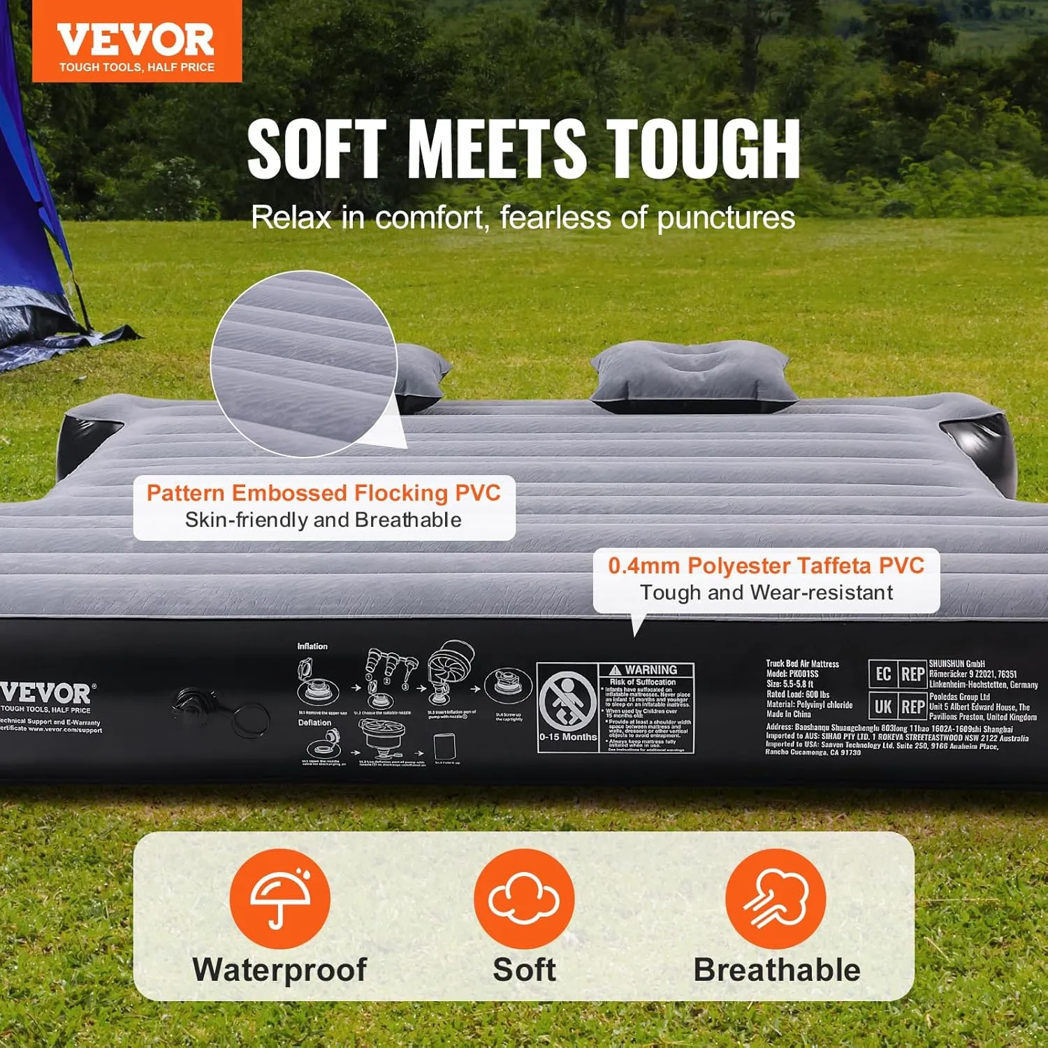 VEVOR Truck Bed Air Mattress, for 5.5-5.8 ft Full Size Short Truck Beds, Inflatable Air Mattress Bed with 12V Air Pump 2 Pillows, Carry Bag, for Silverado, RAM, F Series, Sierra, Titan, Tundra