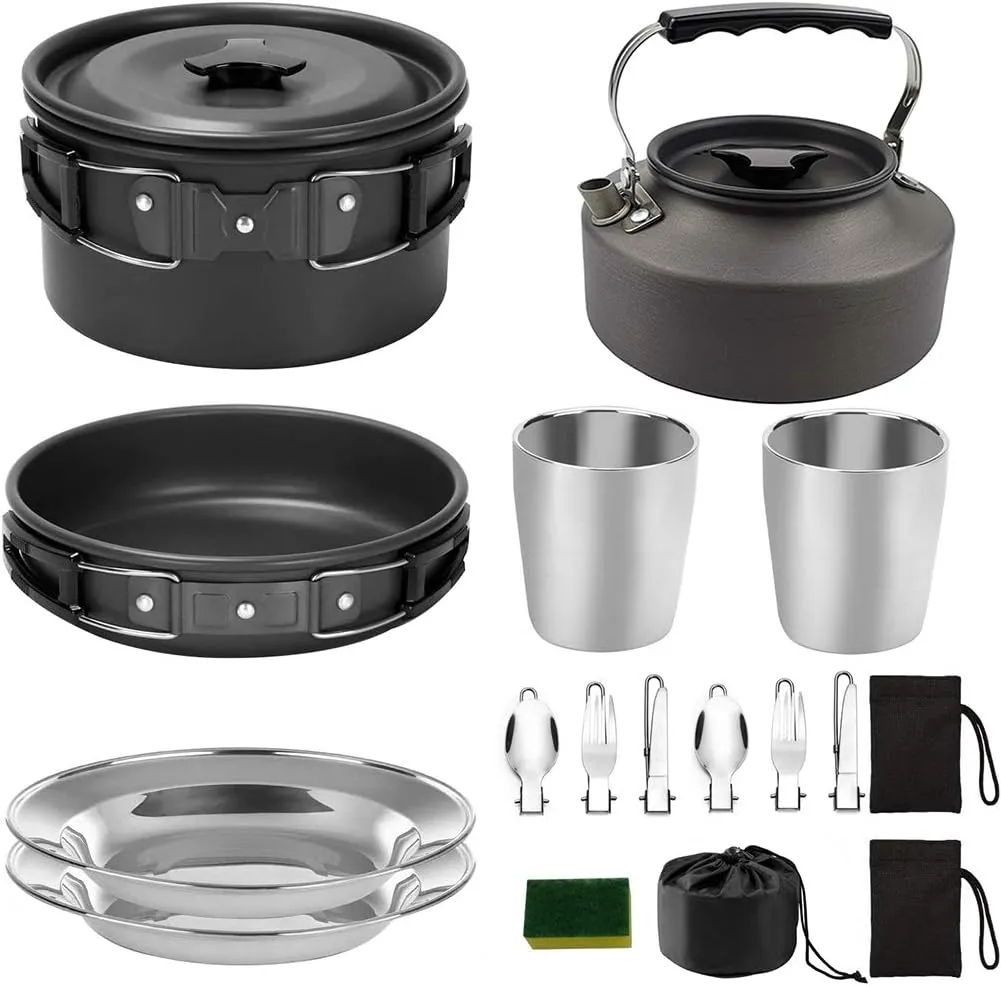 VICASKY 2-3 Person Camping Cookware Set Aluminum Alloy Portable Silverware Mess Kit Griddle