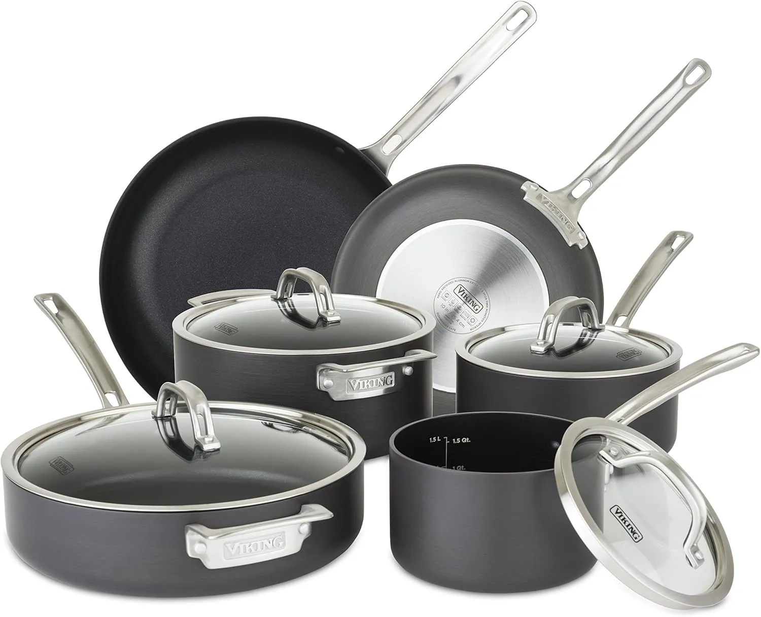 Viking Pots and Pans Set Non Stick, 10 Piece Hard Anodized Kitchen Cookware with Glass Lids, Black
