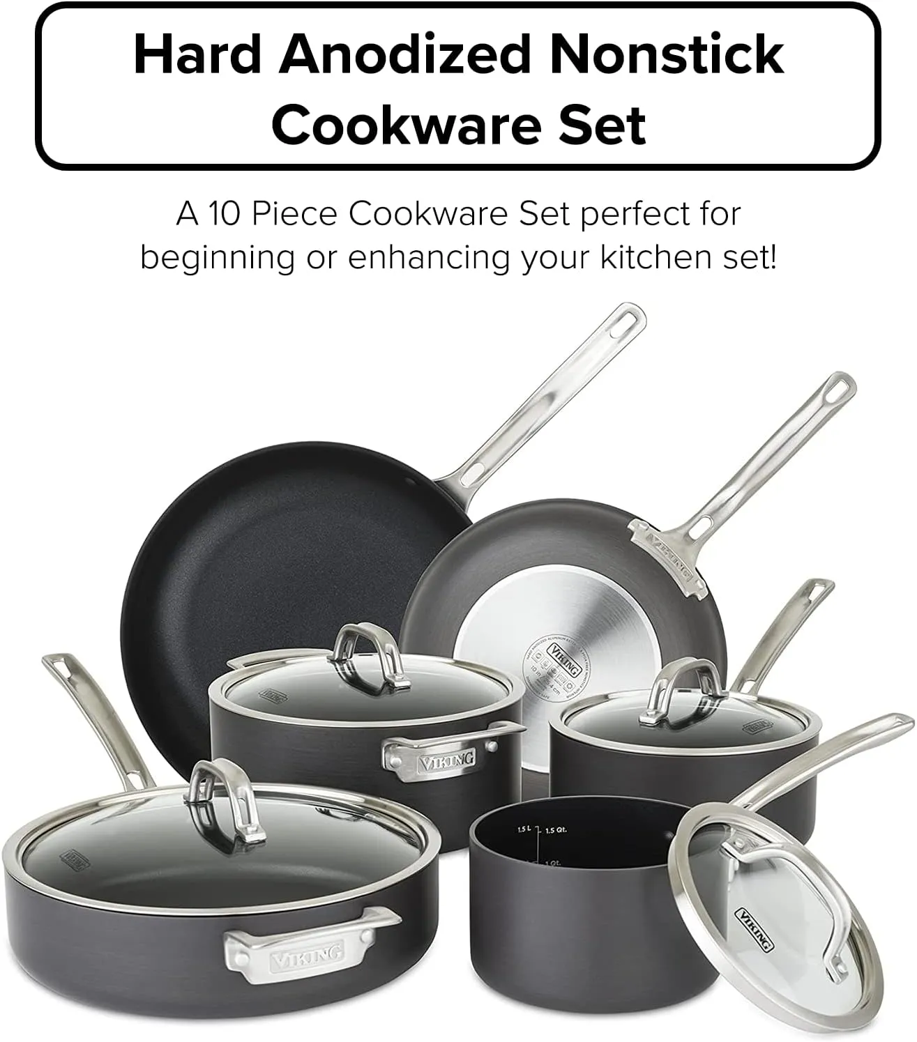 Viking Pots and Pans Set Non Stick, 10 Piece Hard Anodized Kitchen Cookware with Glass Lids, Black