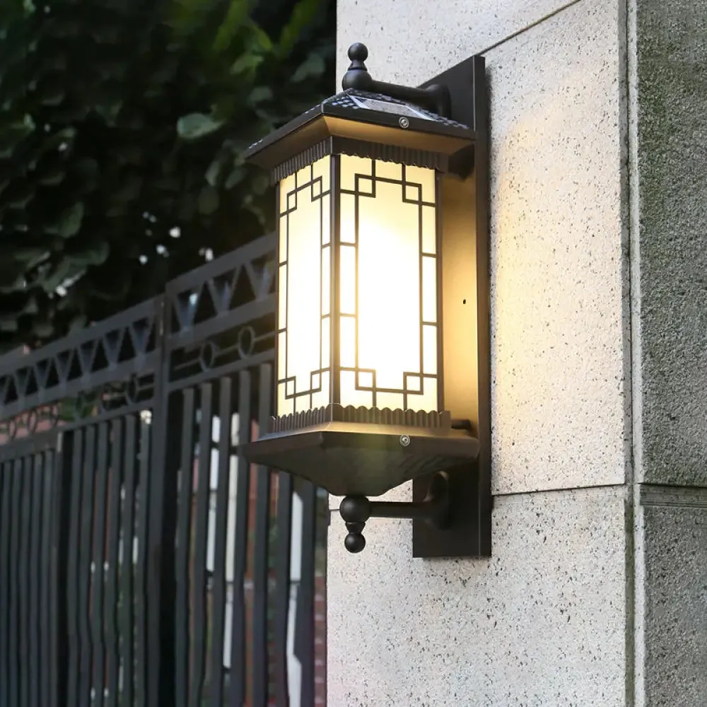 Vintage Frosted Glass Solar Lantern Sconce - LED Wall Light in Coffee