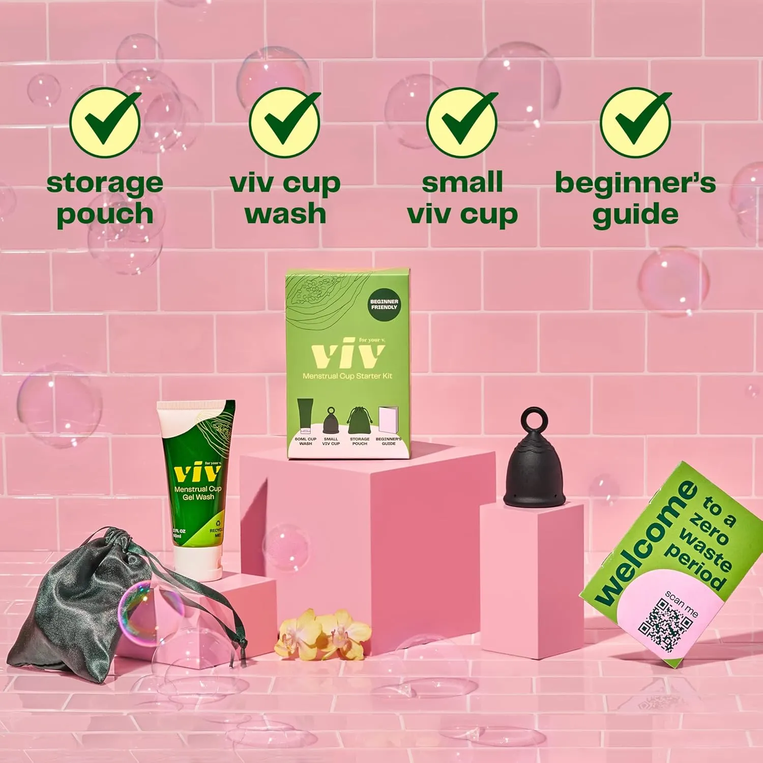 Viv For Your V Premium Soft Menstrual Cups Kit, Flexible Small Period Cup with Ring for Easy Removal, Cleansing Gel Wash, Travel Pouch, Comfortable 12 Hour Wear, Reusable, Medical Grade Silicone