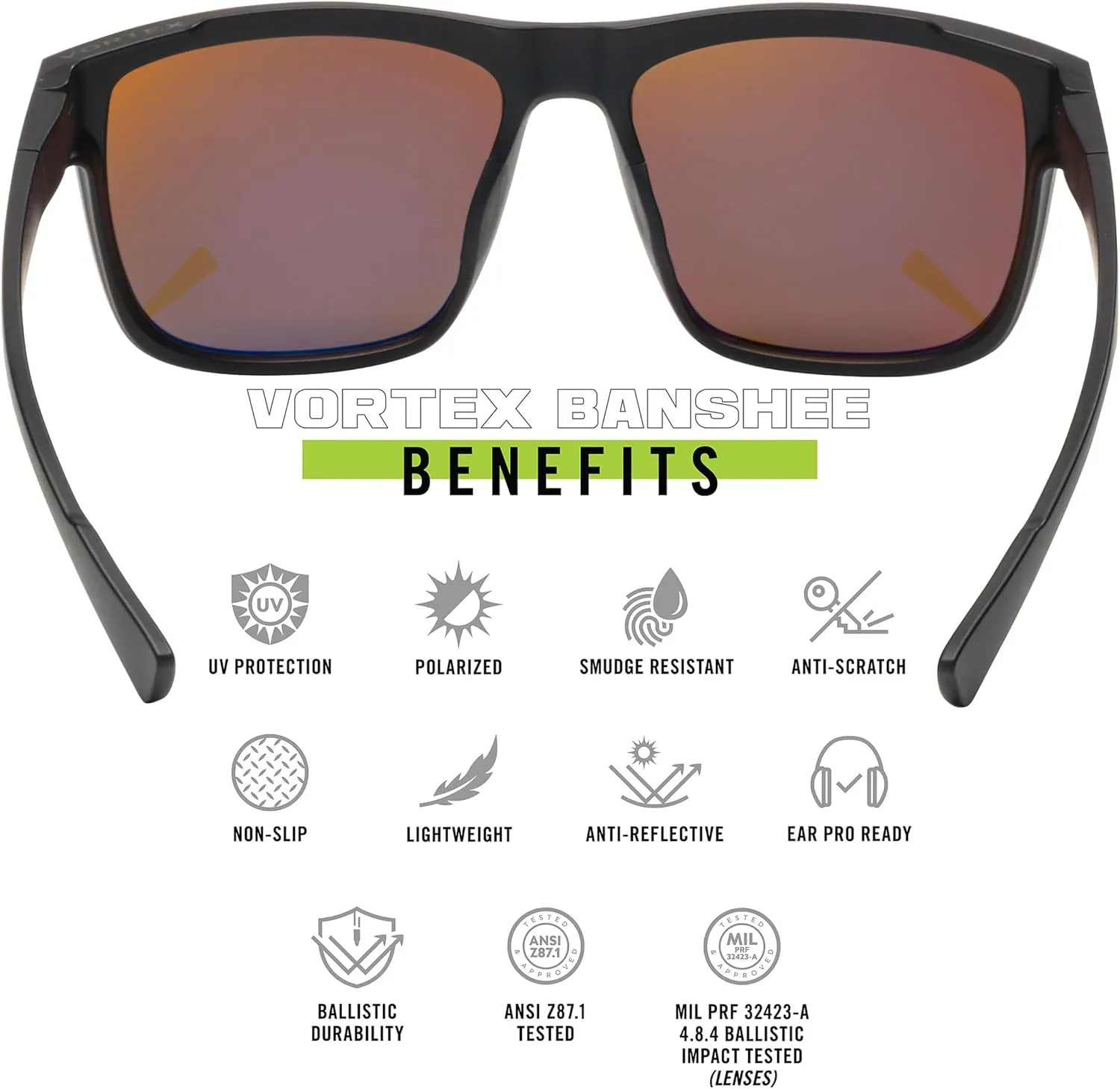 Vortex Optics Banshee Sunglasses | UV Protection, Polarized, Ballistic Rated | Unlimited, Unconditional Warranty